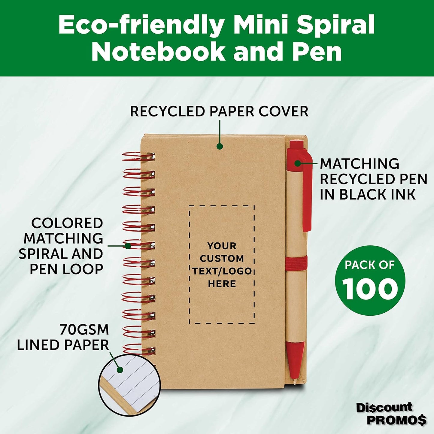 Custom Mini Spiral Notebooks with Black Ink Pens Set of 100, Personalized Bulk Pack - Perfect for School, Office, Business, Home - Red