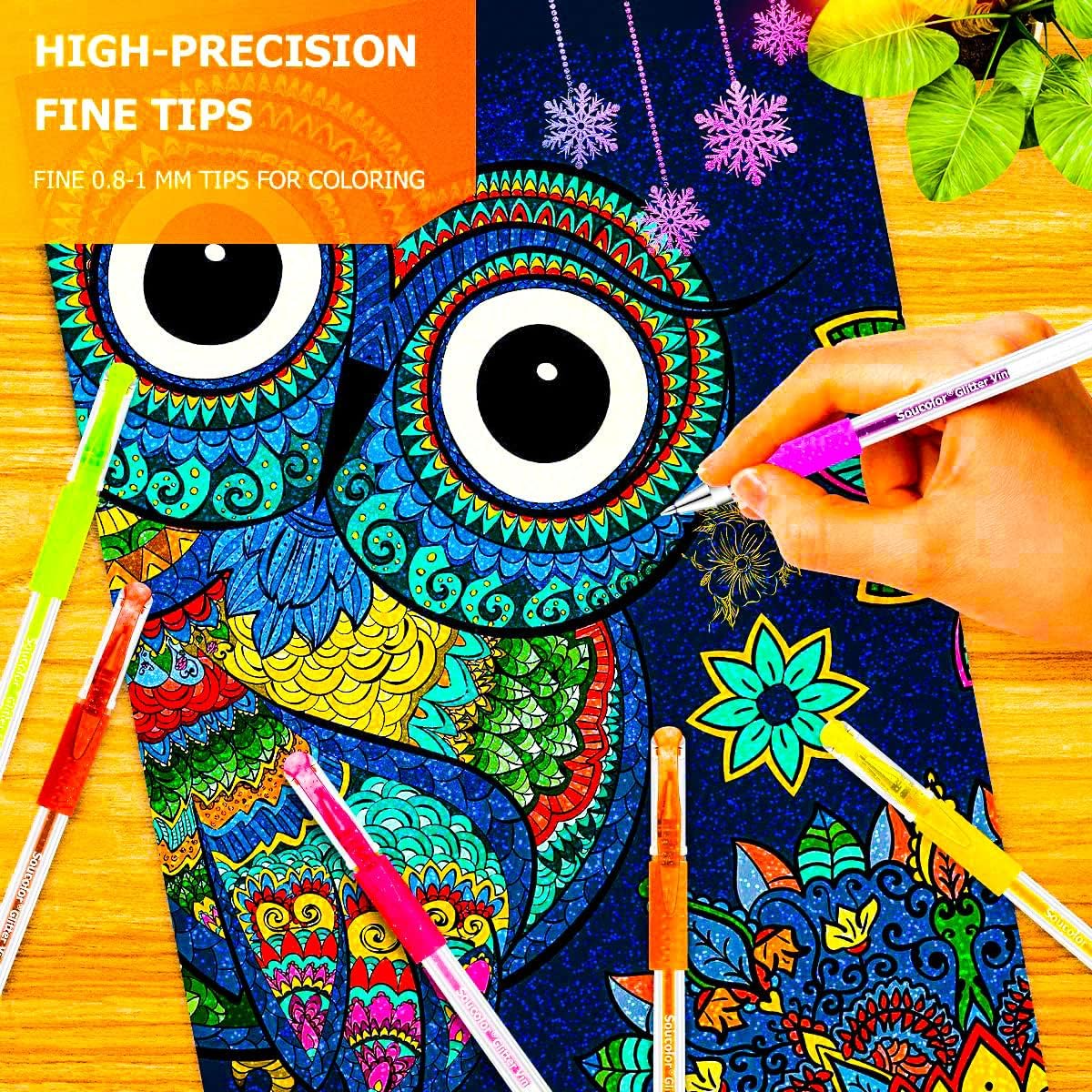 Soucolor Glitter Gel Pens for Adult Coloring Books, Back to School Supplies, 120 Pack-60 Glitter Pens, 60 Refills and Travel Case, 40% More Ink Markers Set for Drawing Doodling Journaling Art Supplies