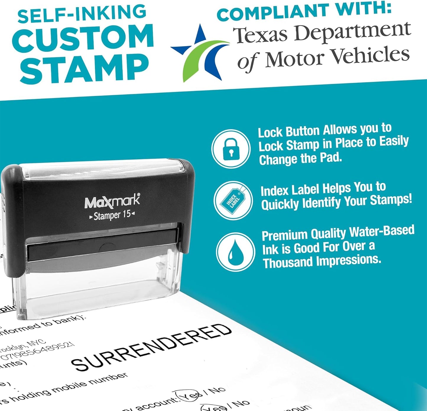 Surrendered Self Inking Stamp + Replacement Pad - TxDMV Compliant - Required for webDEALER Program - Professional Self-Inking Stamp