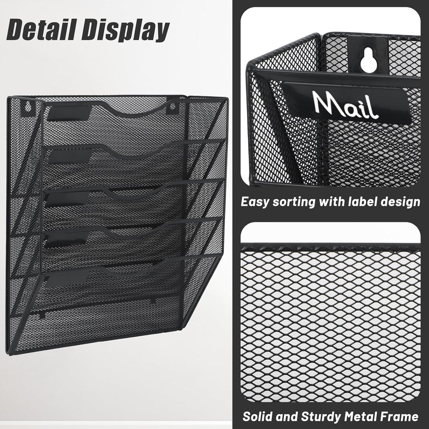 EASEPRES 5 Pocket Mesh Hanging Wall File Organizer, Wall Mounted Mail Paper Document Folder Holder, Clipboard Storage Organization Magazine Rack with Nametag Label for Office Home School, Black