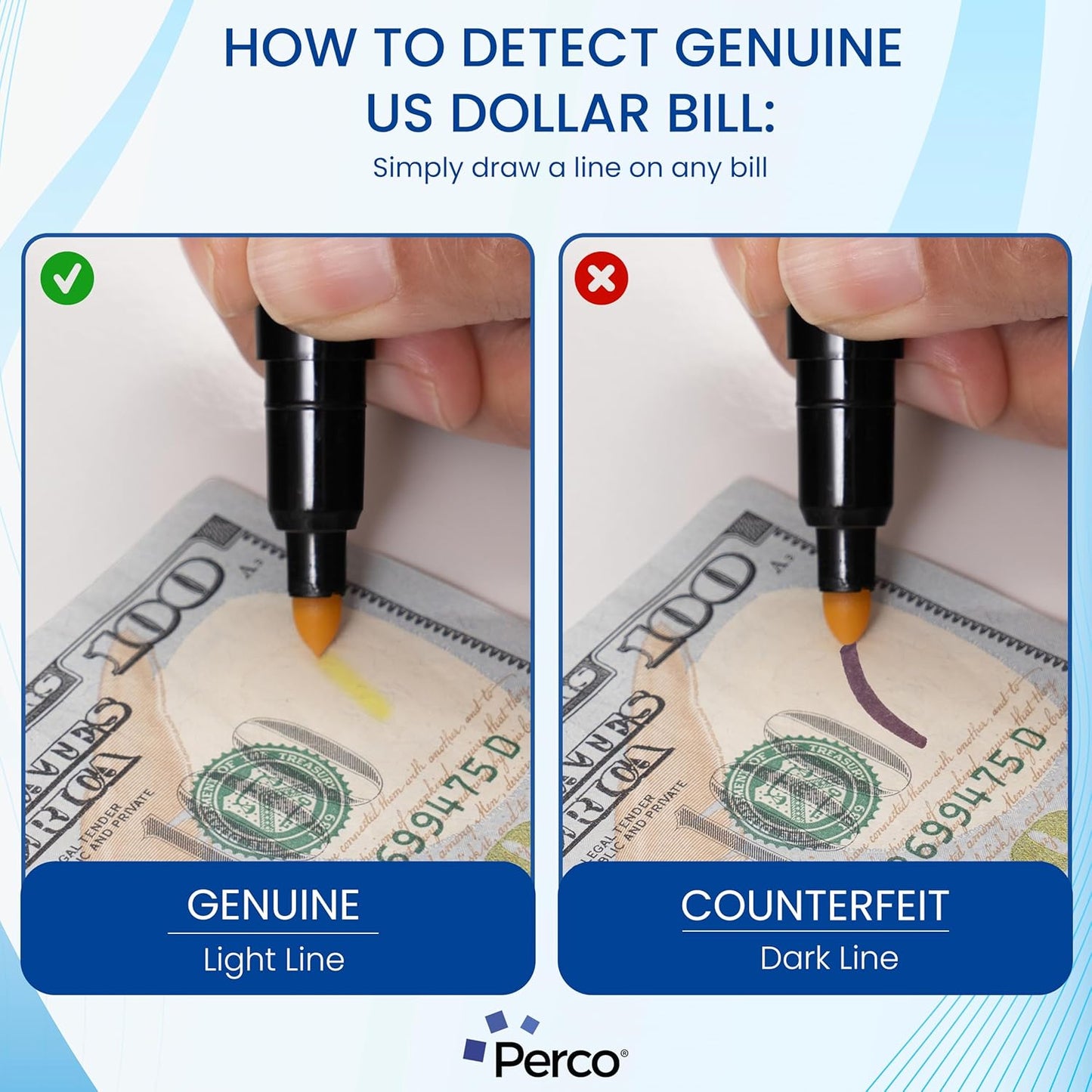 Perco Counterfeit Money Detector Pen (5 Pack) - Easy to Use and Reliable Universal Currency Fake Bill Checker for Personal & Commercial Use - Ensures Authenticity & Prevents Fraud