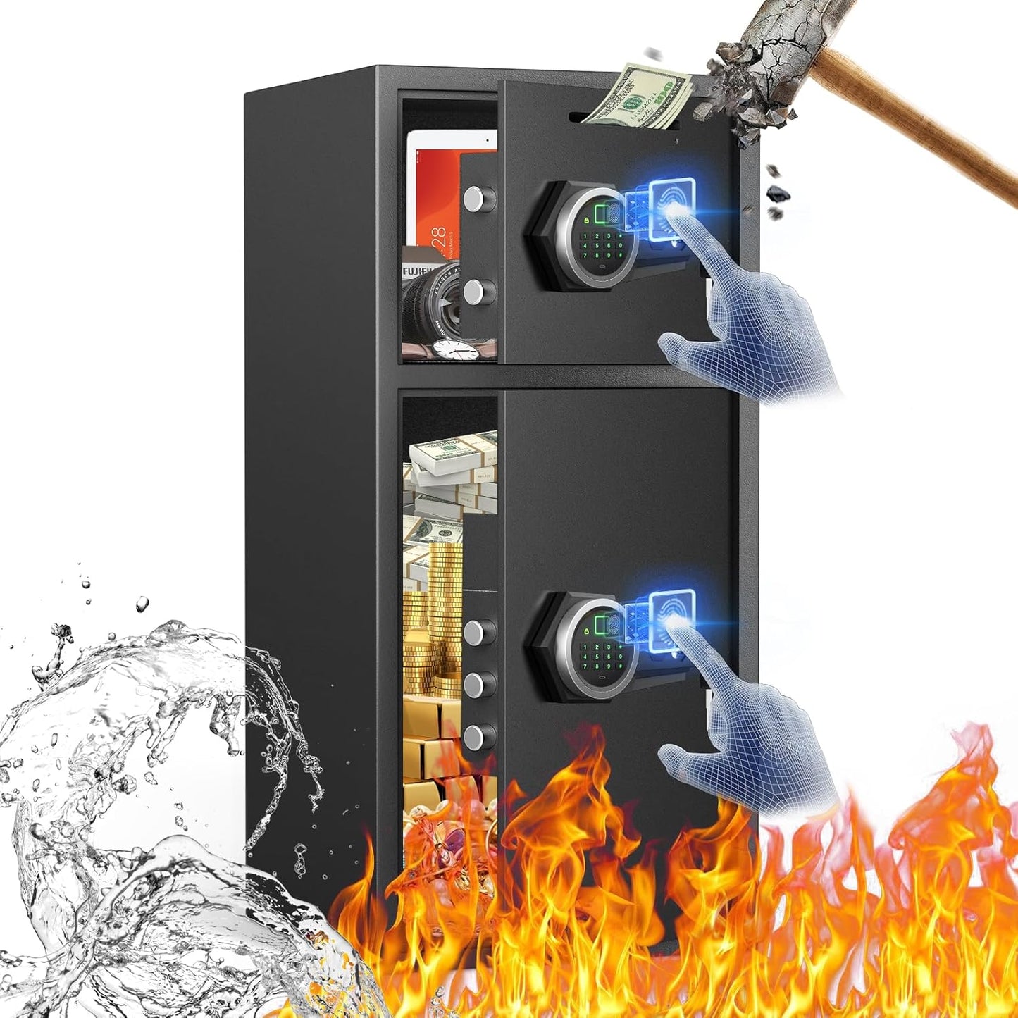 6.0 Cu ft Large Safe Box Fireproof Waterproof,with LED Light fire proof safe for home documents,Fingerprint password personal Safes with Deposit Slot & Dual Alarm System，Security Box fo Valuables