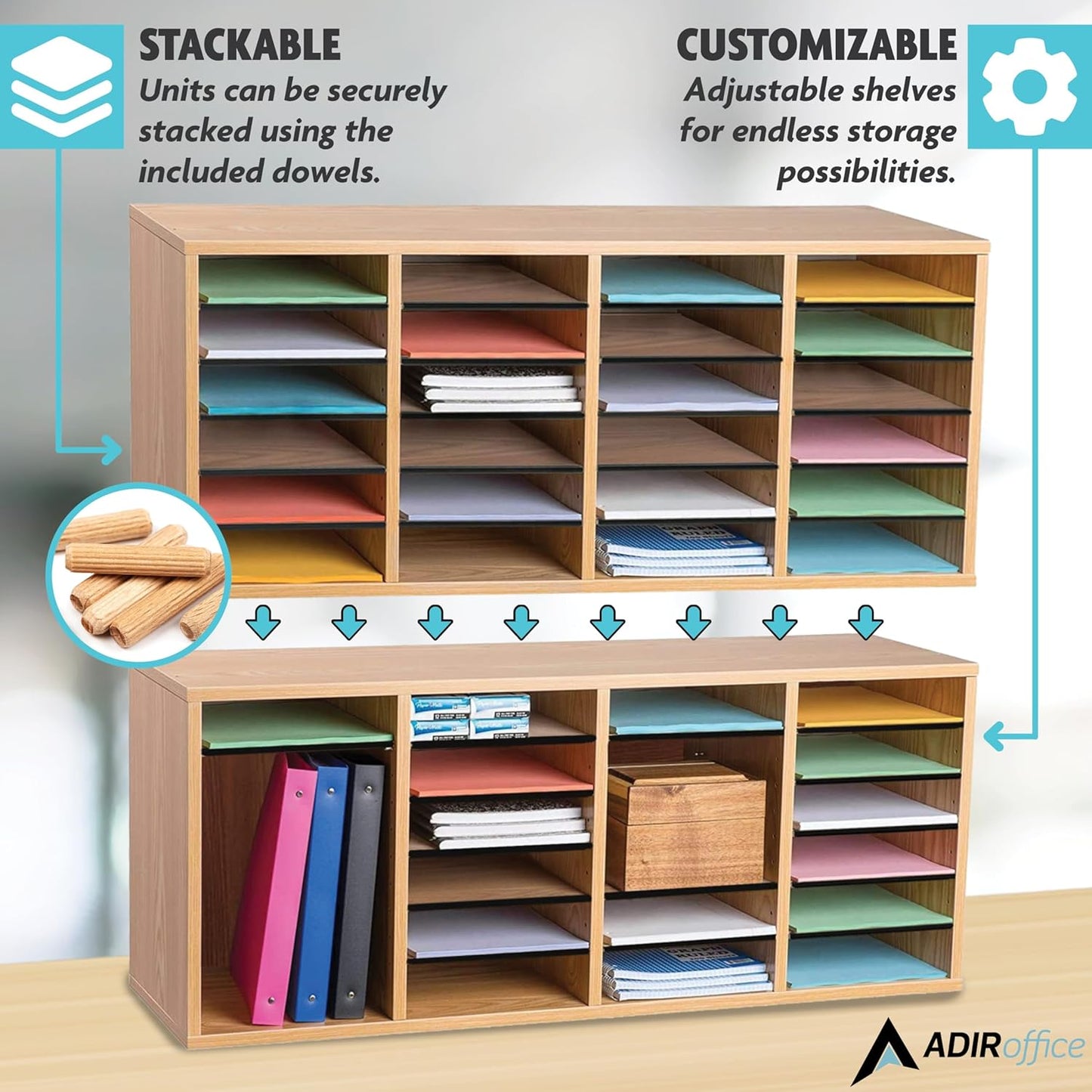 AdirOffice Wooden Adjustable Literature Organizer, 24 Compartment Office Mailbox, or Classroom Literature Organizer, Medium Oak