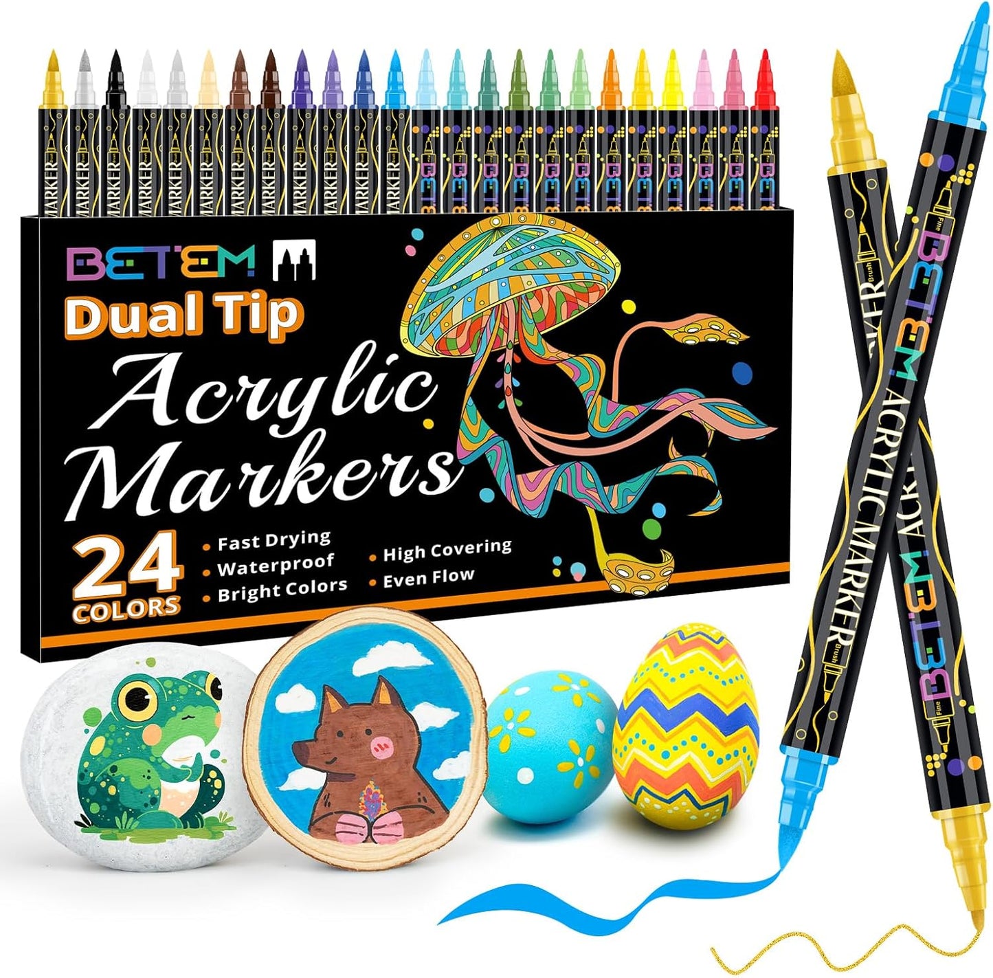 Betem Acrylic Paint Markers, Dual Tip 24 Colors Acrylic Paint Pens with Brush Tip and Fine Point, Art Supplies for Rock, Wood, Canvas, Stone, Glass, Ceramic, Rock Painting DIY Crafts Making Drawing