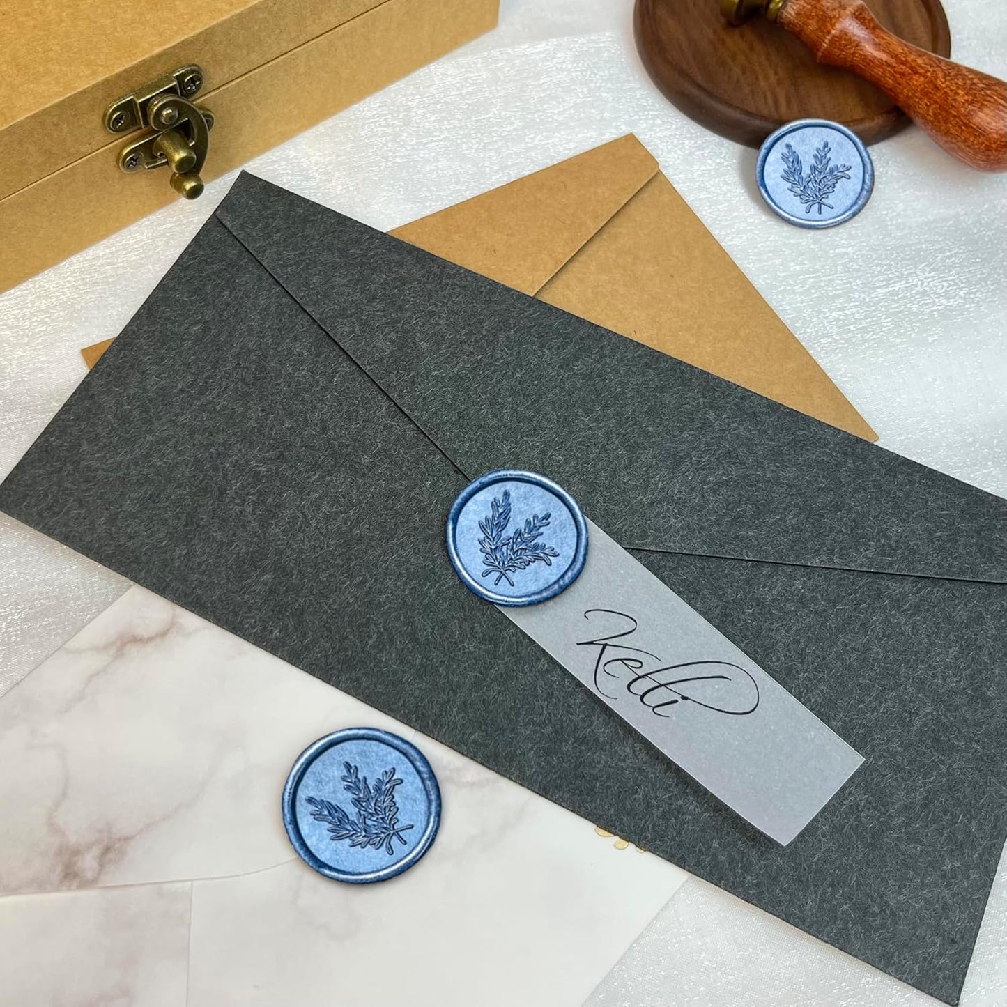 50Pcs Wax Seal Stickers Handmade Envelope Seals Self Adhesive Wax Stickers for Wedding Party Invitations, Envelope, Gift Wrap, Christmas(Rosemary Style, Blue)