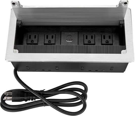 Embedded mesa Power Outlet Box, Table Power Multimedia Connectivity Box for Conference Study Room Home with 4 AC Outlet,USB-C Port Fast Charge 18W Length 4.9FT Power Cable (Brushed Silver)
