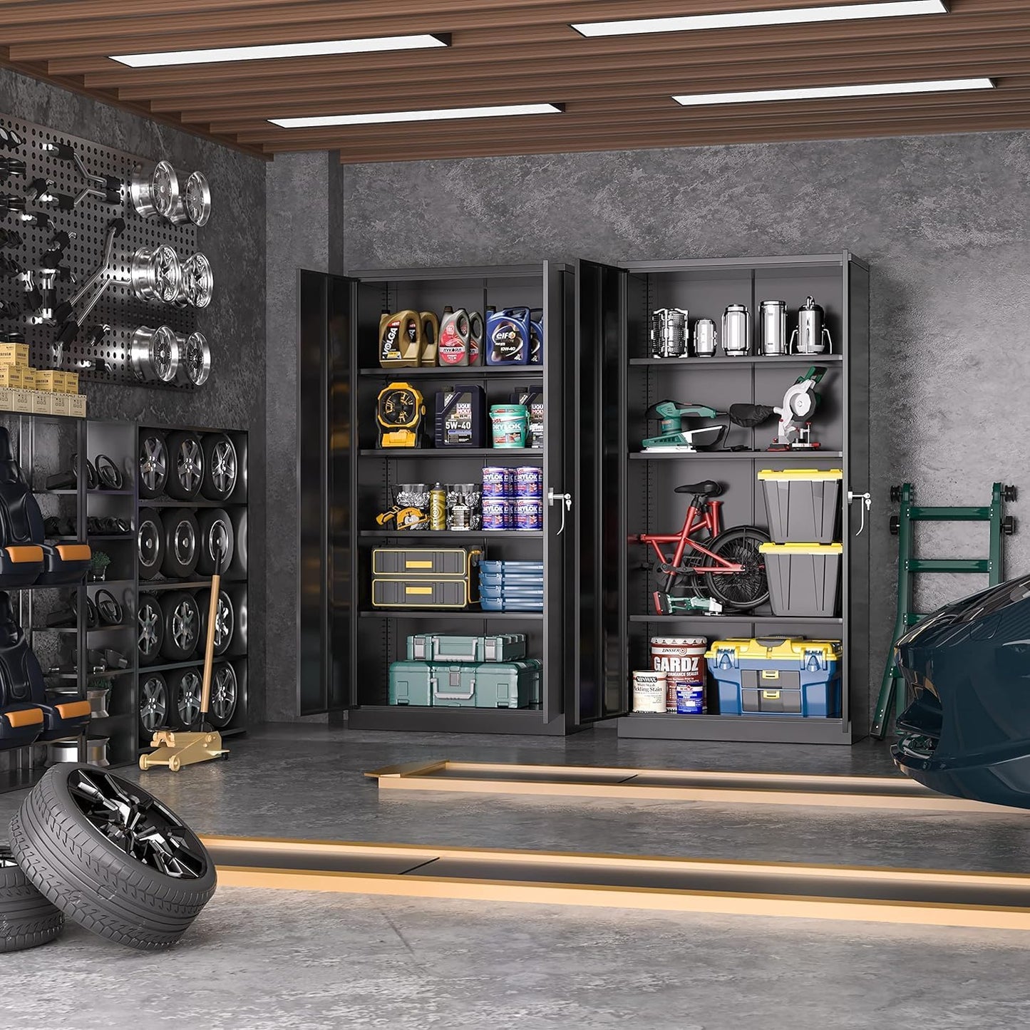 INTERGREAT Black Metal Storage Cabinet with Lock, 72" Tall Lockable Garage Storage Cabinet with Doors and Shelves, Cabinets for Home Office, Warehouse