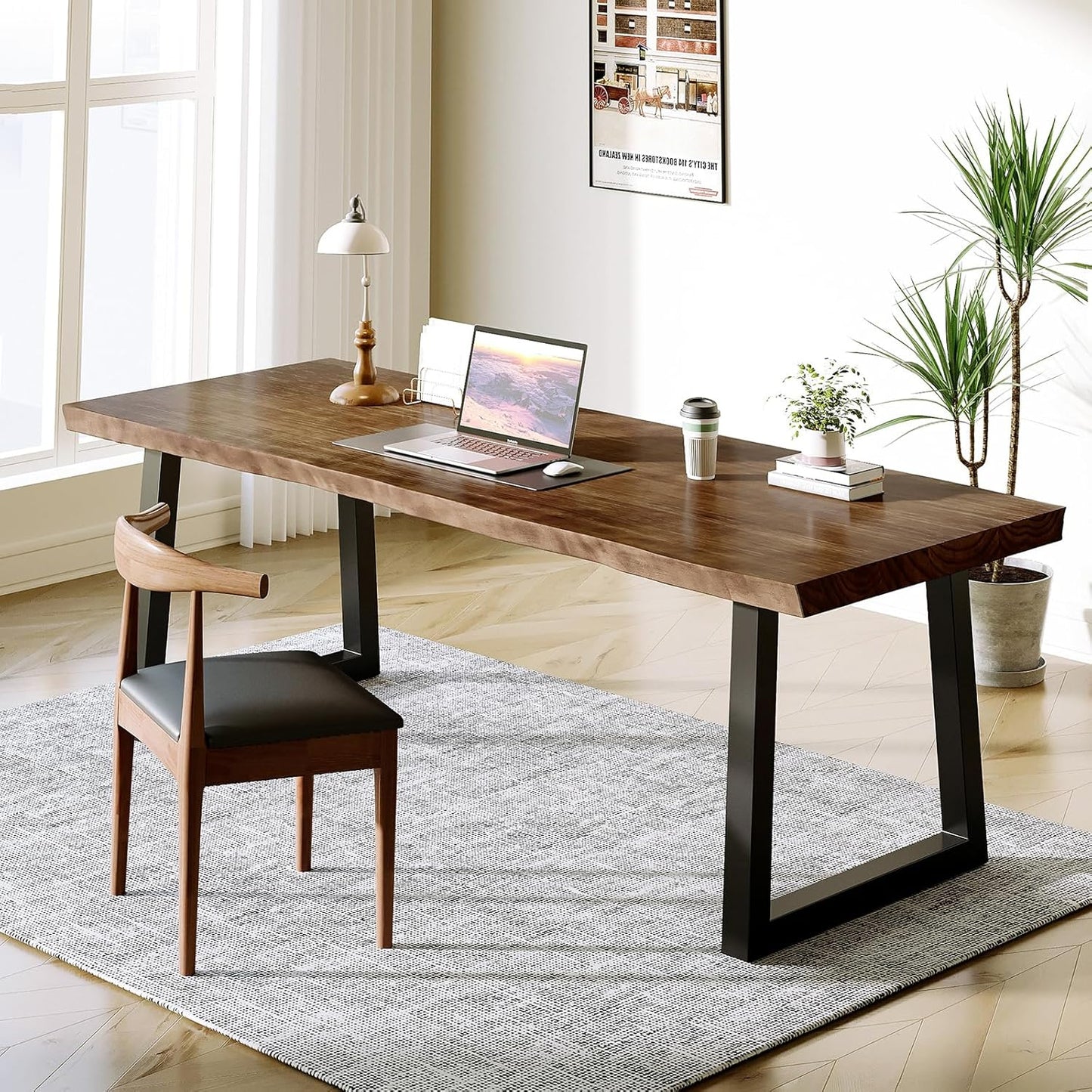 Solid Wood Desk 55 inches, Home Office Computer Desk Wooden Rustic Writing Desk Metal Modern Simple Design Executive Real Wood Desk (Brown)