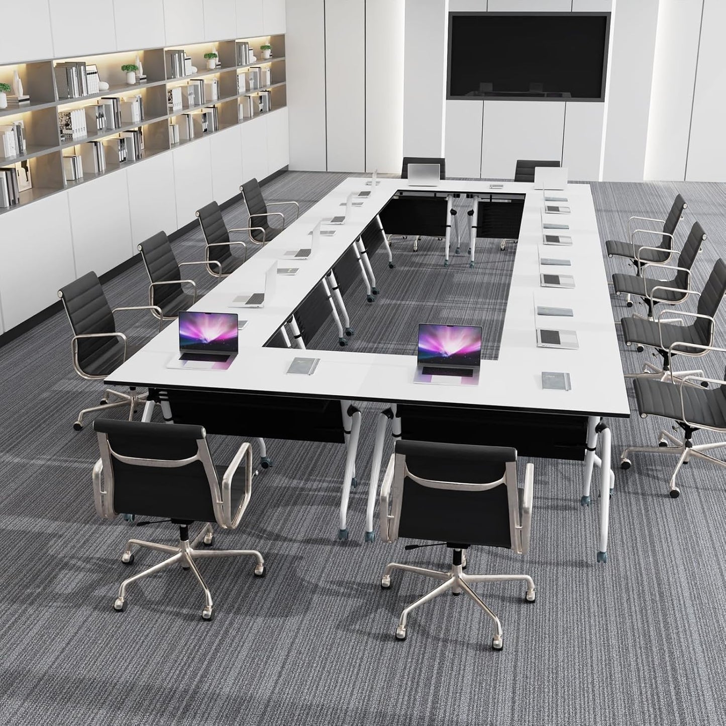 Conference Table, Folding Conference Room Tables, Mobile Training Tables with Silent Wheels, Large Rectangular Modular Seminar Table Office Computer Desks for Classroom White (8Pack L55.1in)