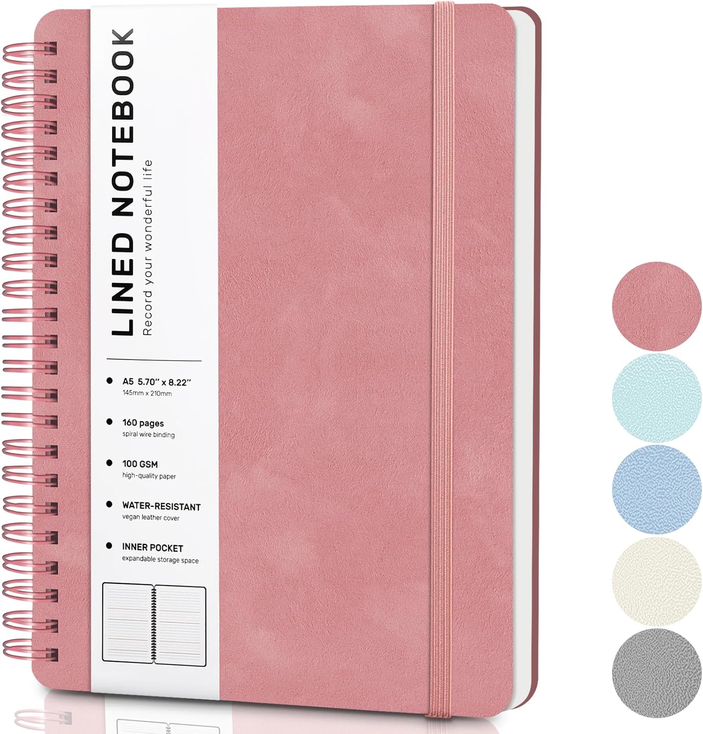 Lined Spiral Journal Notebook, A5 Hardcover Leather Notebook for Work, 5.7''×8.2'', 100GSM Thick Paper Spiral Bound Journaling Notebook for Women Men Office School Note Taking Business, Morandi Pink