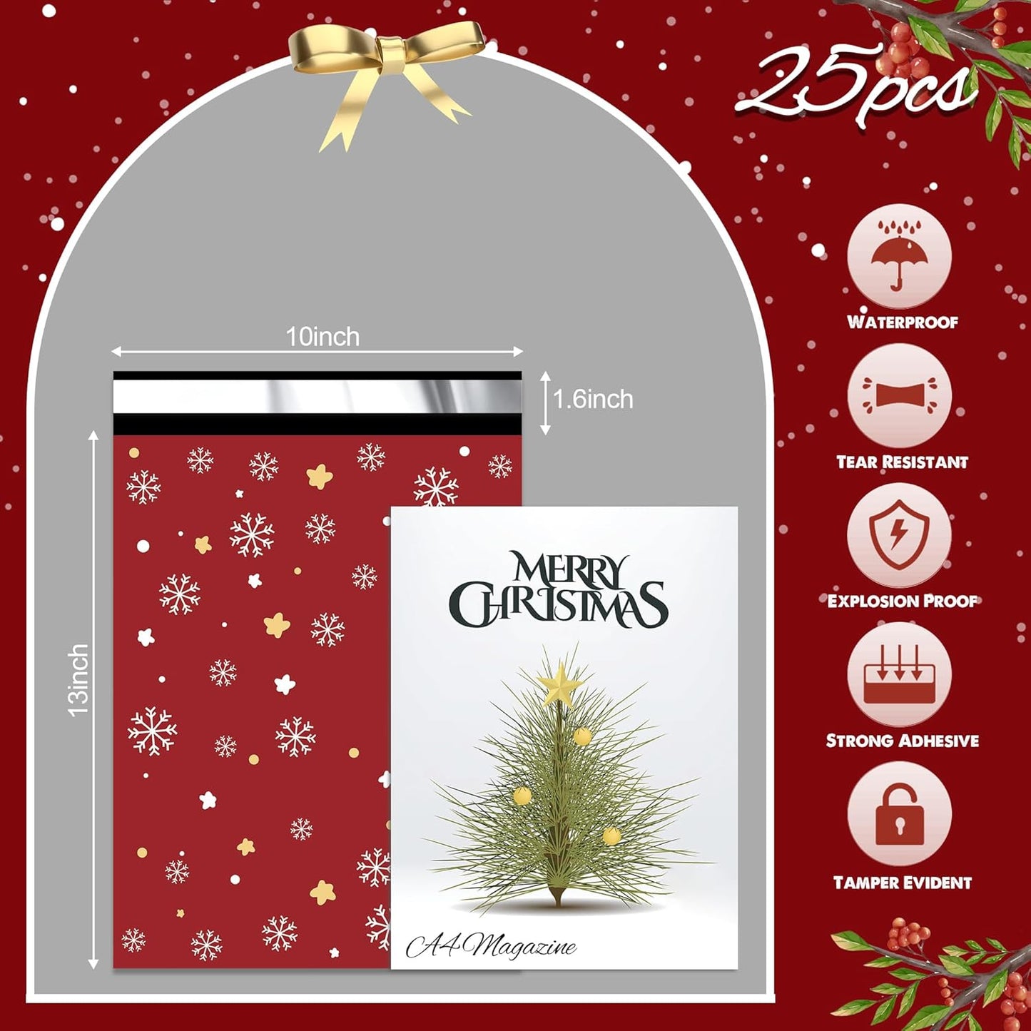 Christmas Poly Mailer 10x13 Inch 25 Pcs, Waterproof Shipping Bags for Clothing, Tear-Resistant Mailier, Strong Mailing With Self-Seal - Red Merry Christmas