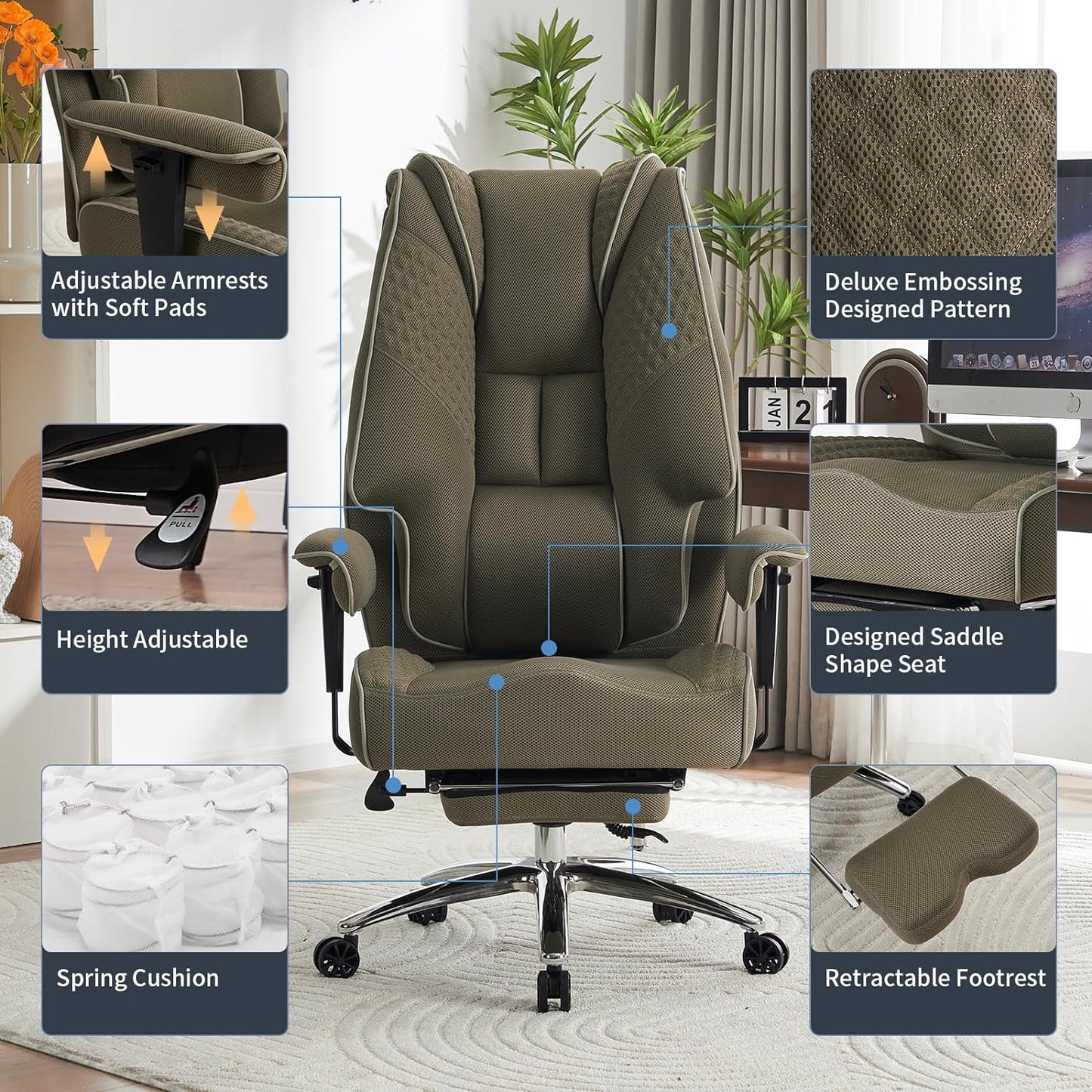 Big and Tall Office Chair 400lbs Wide Seat, Leather High Back Executive Office Chair with Foot Rest, Ergonomic Chairs Lumbar Support for Lower Back Pain Relief (Mesh Light Green)