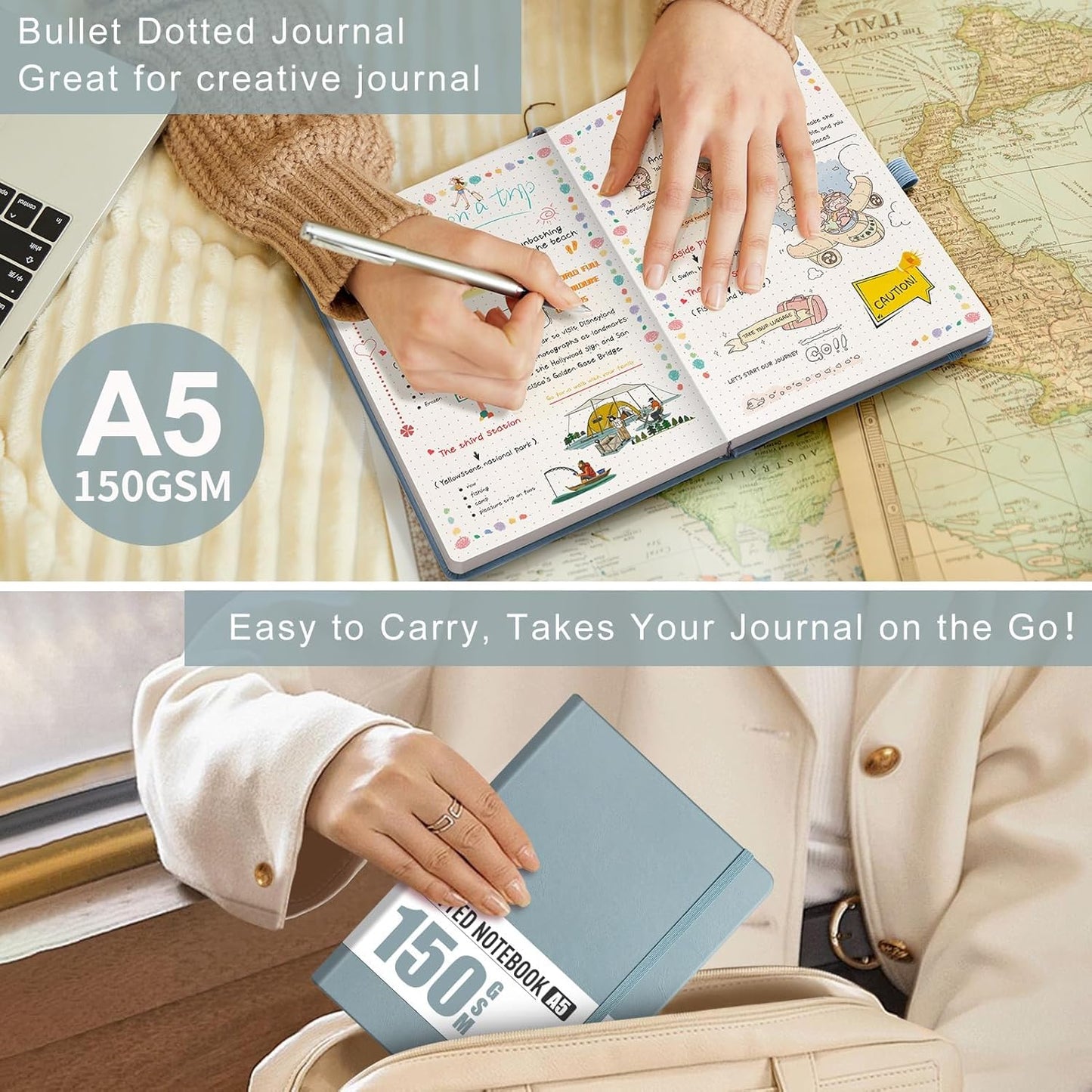 AHGXG Bullet Dotted Journal - 150 GSM Dot Grid Notebook Journal, Thick Acid-Free Paper, A5 Dotted Notebook 128 Pages, Leather Hardcover, Inner Pocket, Journal Stencil, 5.7'' × 8.3'' - Gray Blue