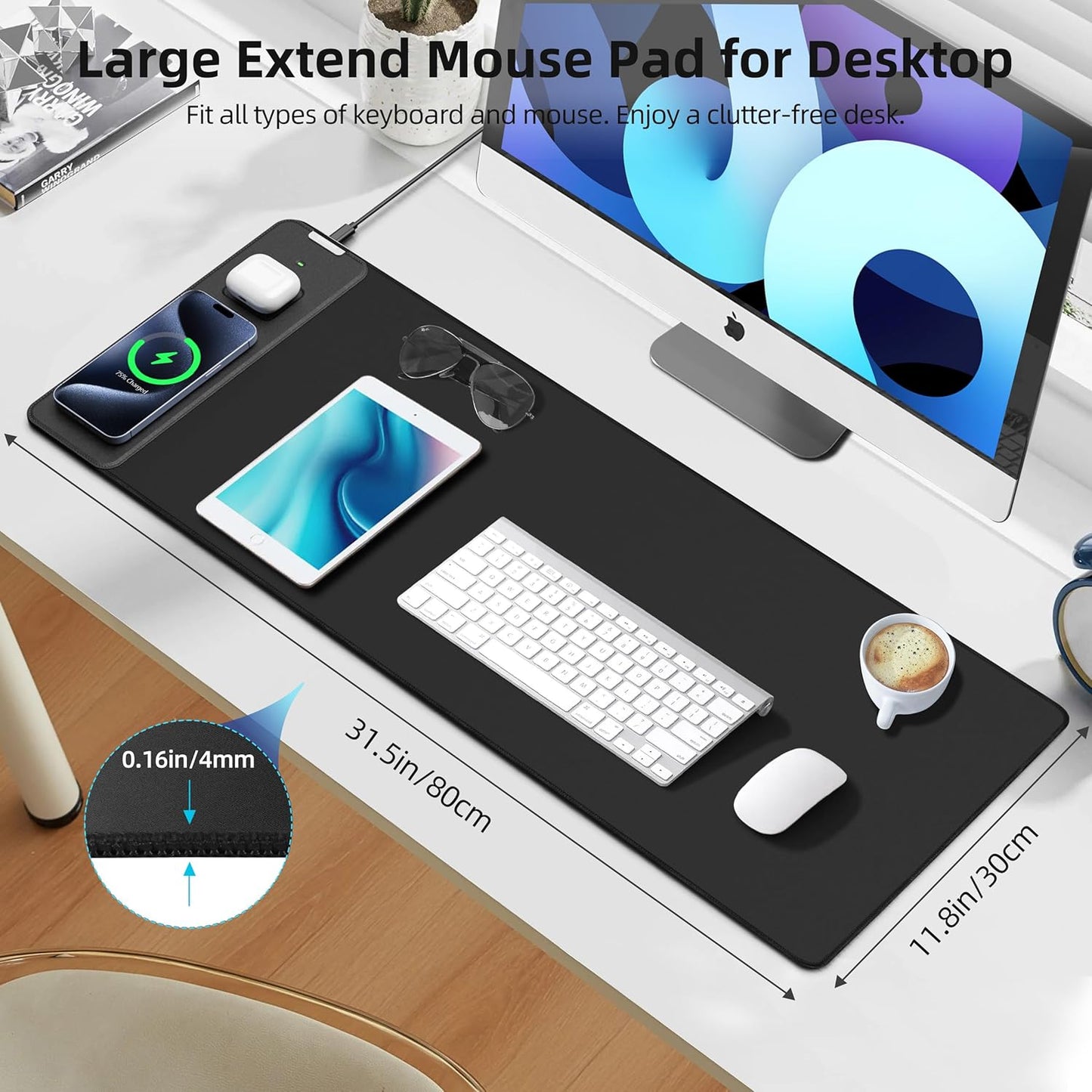 Mouse Pad with Wireless Charging, Gaming Mouse Pad with Ultra-Smooth Surface, Large XXL Desk Mat, Non-Slip Mouse Mat, Waterproof Computer Keyboard Pad for Gaming, Desk, Office, PC, 800x300x4MM, Black