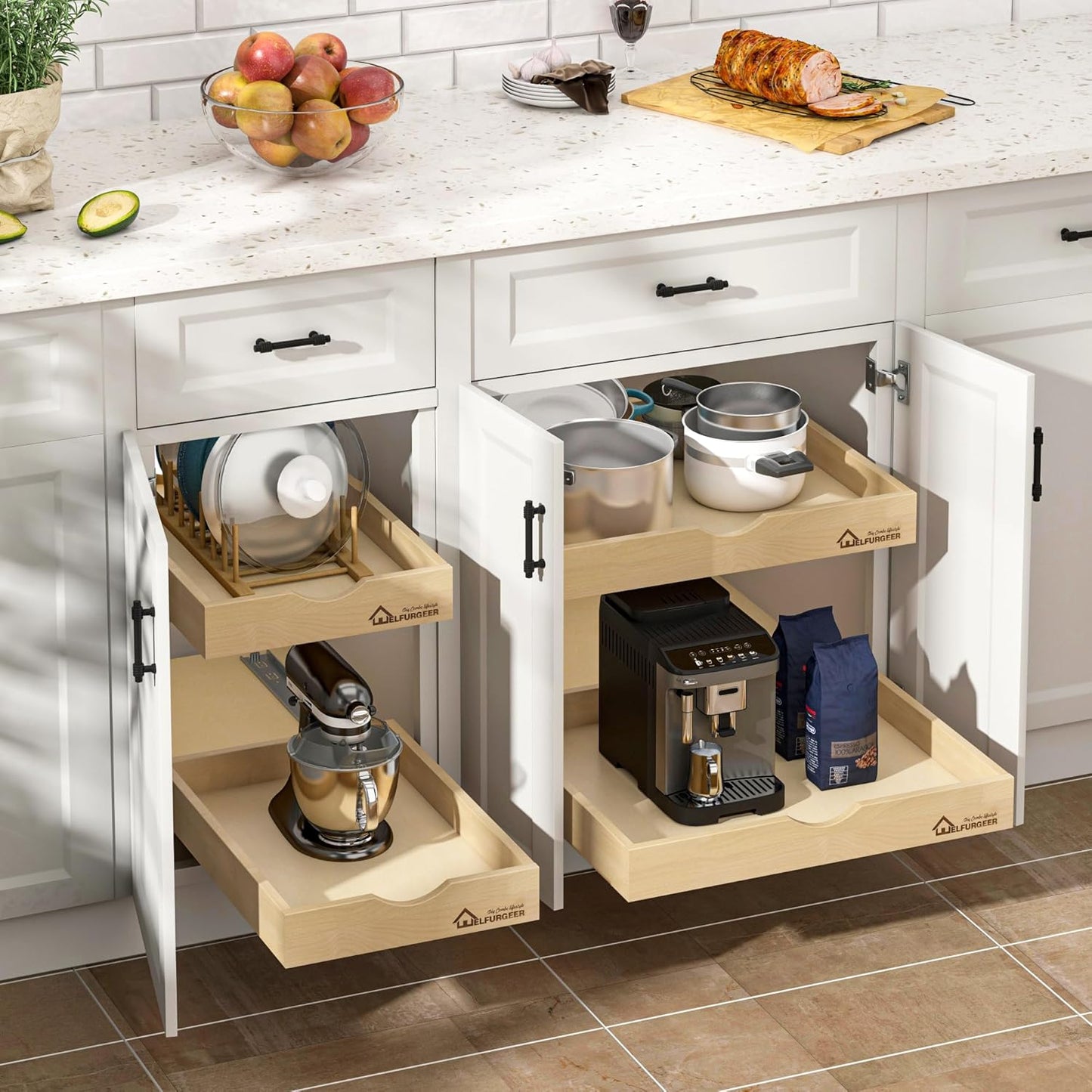 WelFurGeer Soft Close Pull Out Drawers for Kitchen Cabinets, 32" W x 22" D Pull Out Cabinet Organizer, Heavy-Duty Cabinet Organizer, Space-Saving Pullout Drawer for Home & Kitchen Organization