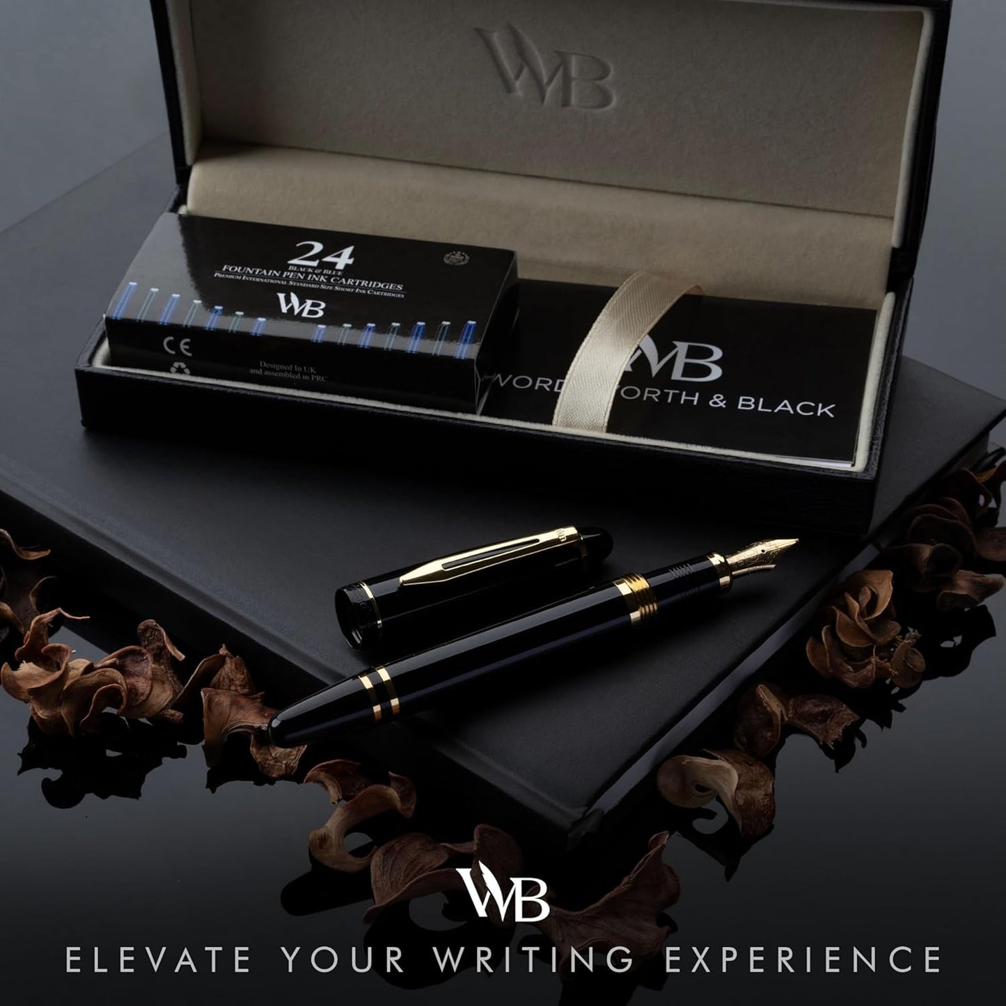 Wordsworth & Black Majesti Fountain Pen-(Black), Luxury Case, 24K Gold Finish; 18K Gilded Fine Nib-Ink Cartridges, Refillable Ink Converter-Calligraphy Pen-Best Business Gift Set for Men & Women