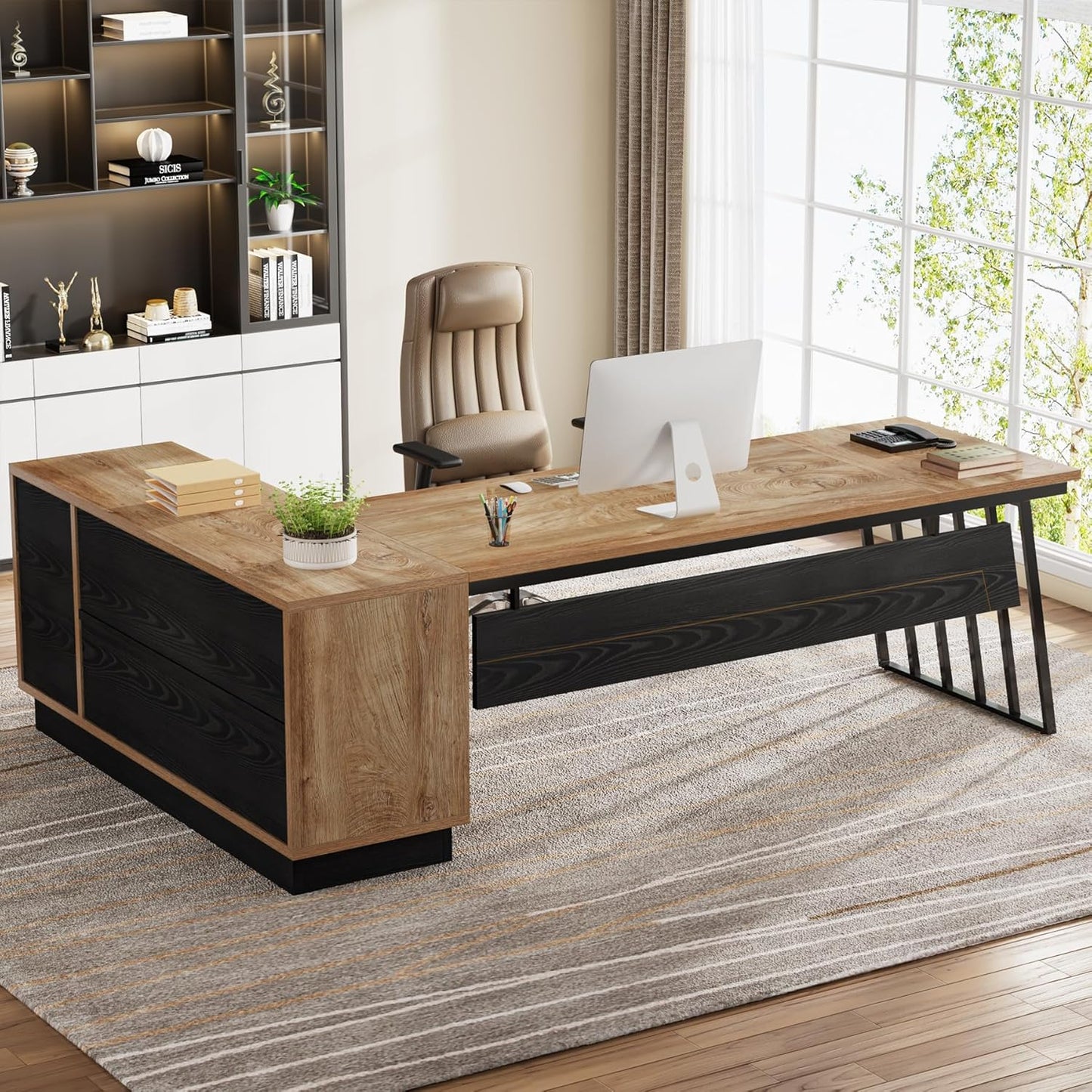 Tribesigns 71-Inch Executive Desk, L-Shaped Desk with Cabinet, Large Office Desk with Drawers and Storage Shelves, Writing Table Computer Desk for Home Office, Oak and Black