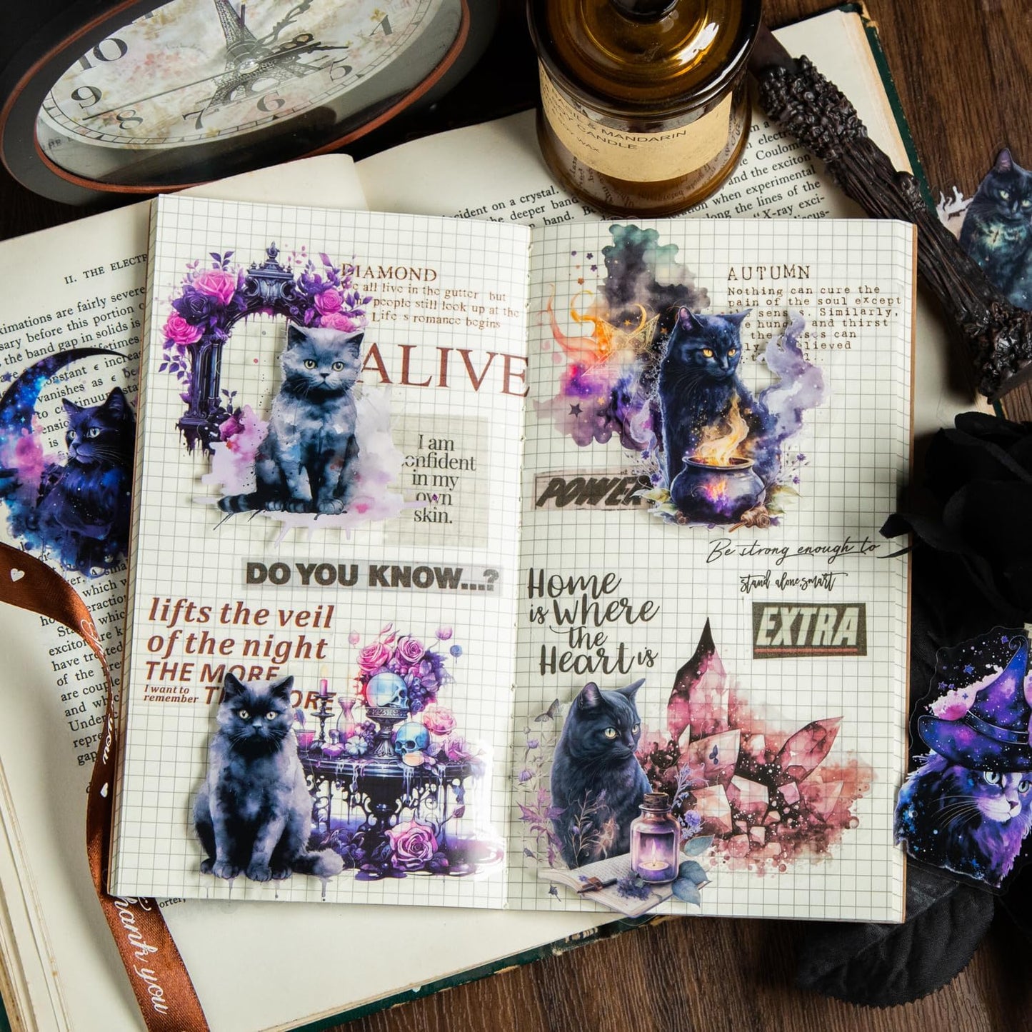 Alideco 120pcs Scrapbook Stickers Black Cat Theme Scrapbooking Junk Journal Crafts Embelishment Decoration Diary Stickers (heiliyademao)