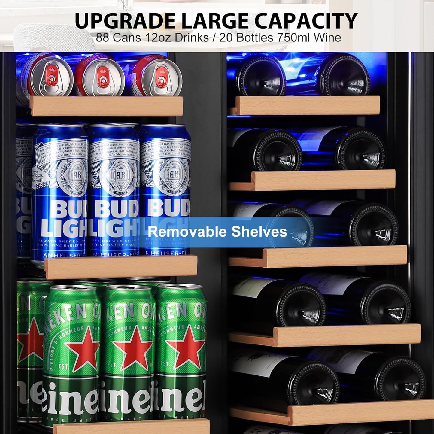 24" Dual Zone Wine & Beverage Refrigerator – Under Counter Cooler with Upgraded Cooling & Blue LED Light, Hold 20 Bottles and 88 Cans Large Capacity Wine Fridge, Built-In or Freestanding – Black