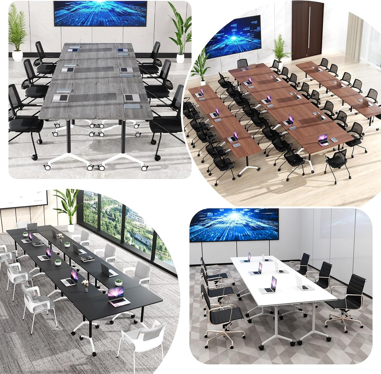 Conference Room Table, Folding Conference Tables,Thicken Grey Tabletop,Flip Top Wooden Seminar Meeting Room Table for Conference Room Offices (6, White, 55.1”)