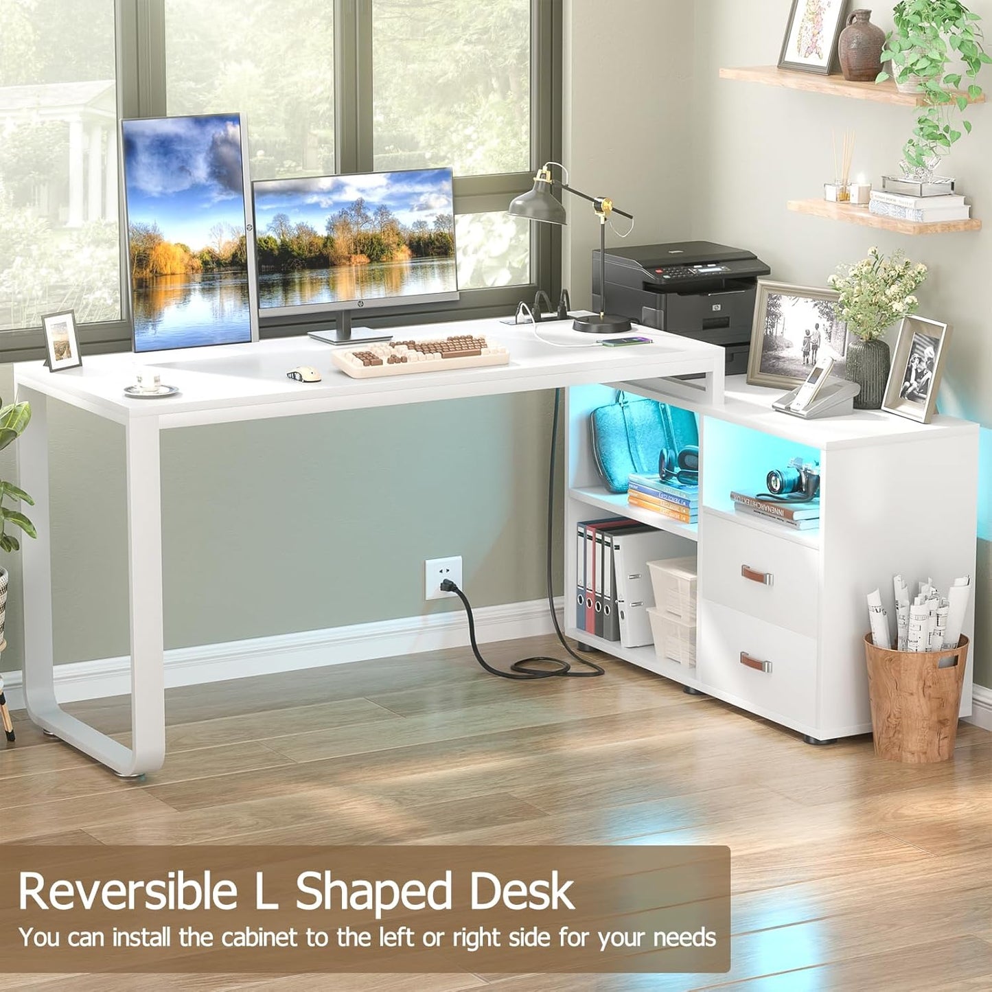 Homieasy L Shaped Desk with File Cabinet & Power Outlet, Reversible 55 Inch Large Corner Computer Desks with LED Strip, L-Shaped Desk with Drawers and Storage Shelves for Home Office, White
