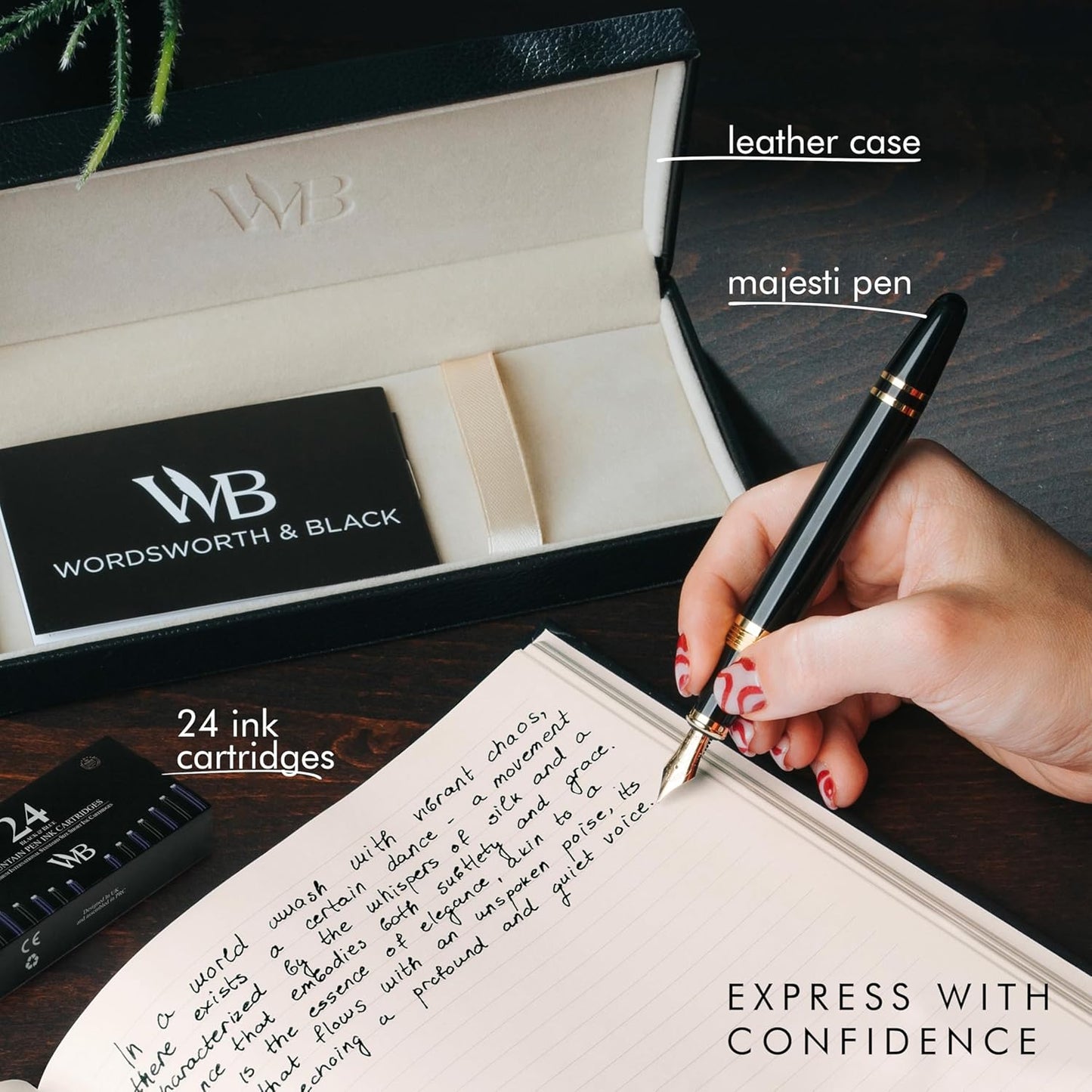 Wordsworth & Black Majesti Fountain Pen-(Black), Luxury Case, 24K Gold Finish; 18K Gilded Fine Nib-Ink Cartridges, Refillable Ink Converter-Calligraphy Pen-Best Business Gift Set for Men & Women