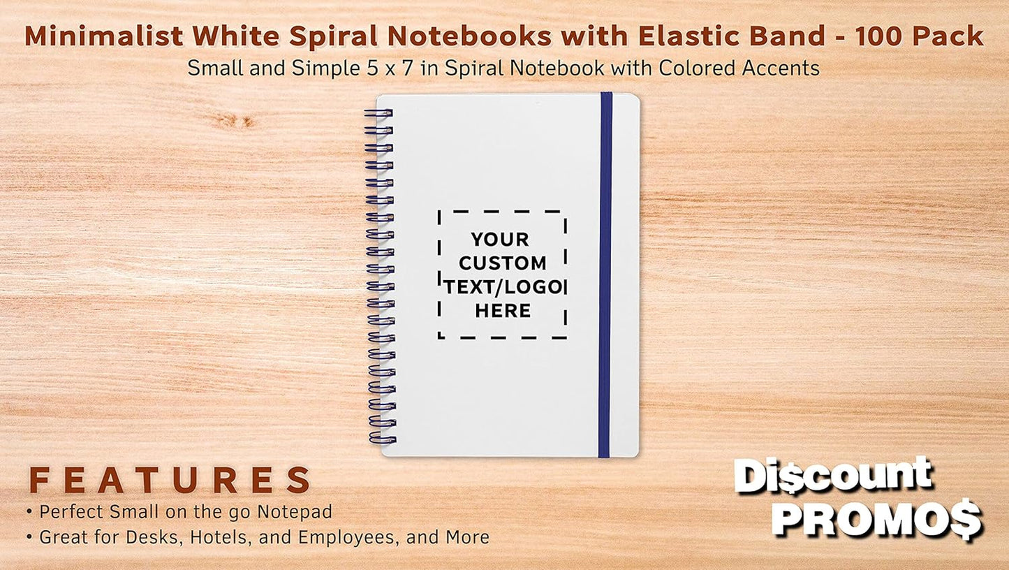100 White Spiral Notebooks with Elastic Band Pack - Customizable Text, Logo - 80 lined pages, Recycled - Blue