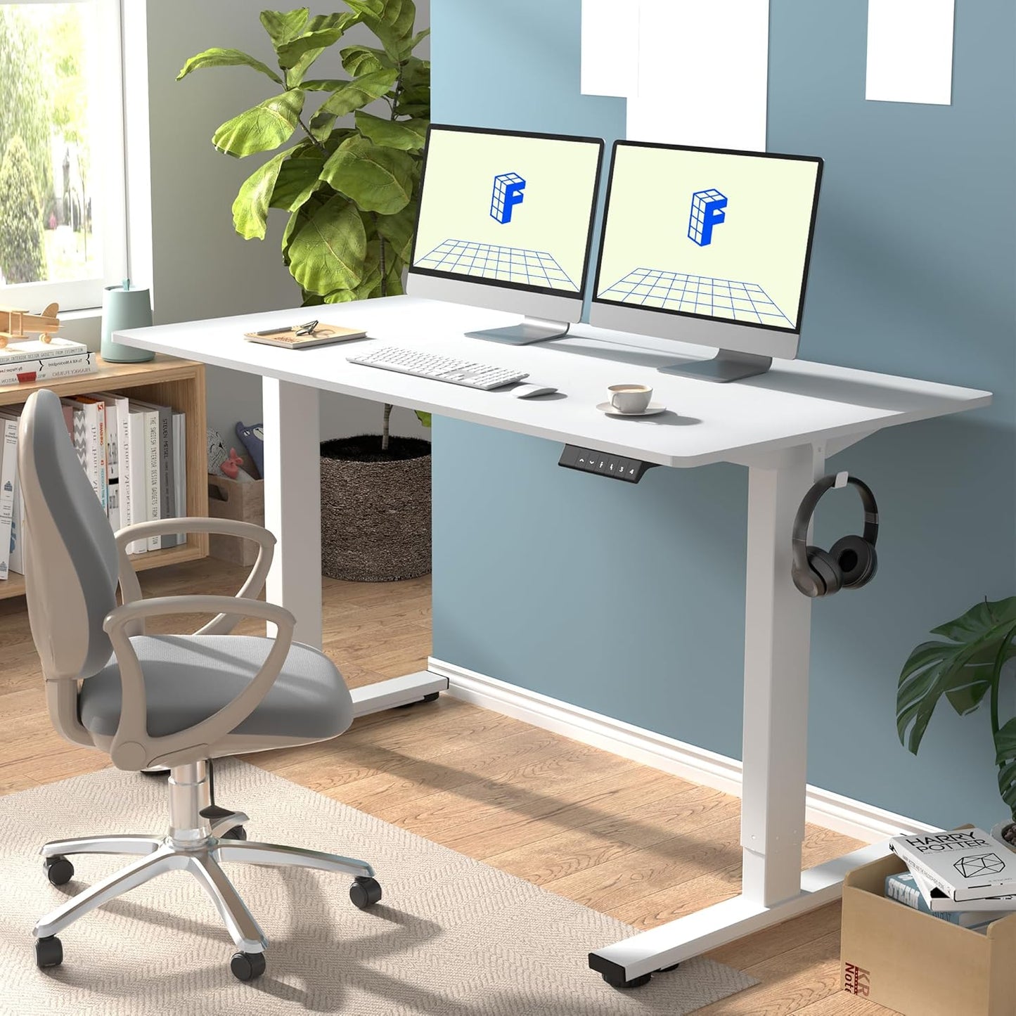 FLEXISPOT EN1 One-Piece Standing Desk, 60 x 24 Inches Electric Height Adjustable Desk for Home Office (White Frame + White Desktop, 2 Packages)