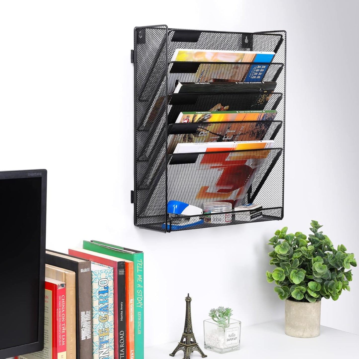 EasyPAG 6 Tier Wall File Holder with Flat Tray, Black | Easy Assemble Mesh Desk File Organizer | 5-Folder Paper Storage | Replaceable Classify Labels | Space Saving Mail Organizer for Office Home