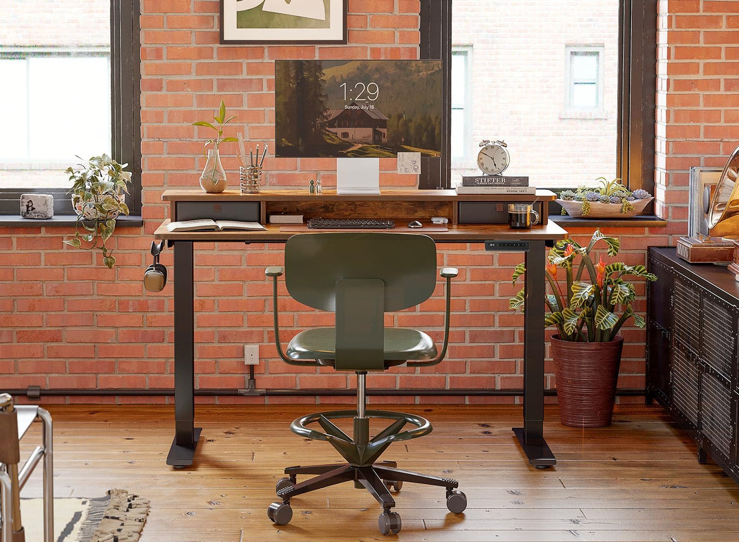 FEZIBO 48'' x 24'' Height Adjustable Electric Standing Desk with Double Drawer, Home Office Stand Up Table with 4 Height-Adjustable Feets & 2 Hooks, Vintage Brown