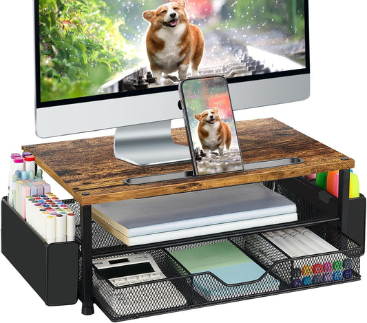 Wood Desk Organizers and Accessories, 2-Tier Computer Monitor Stand Riser with Drawer, Pen Storage & Phone Holder, Office Desk Accessories, Workspace Desktop Organization for Office Supplies（Brown）