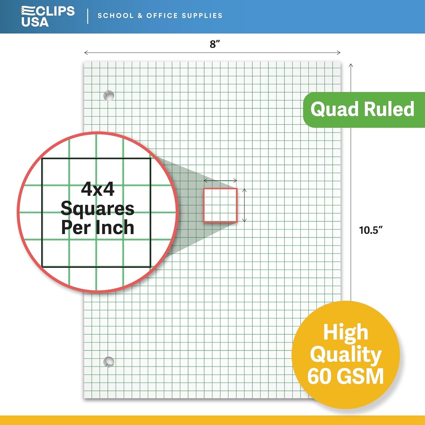 Graph Paper, Loose Leaf Graph Paper, 4 x 4 An Inch Quad Ruled Graph Paper, 10.5” x 8” Graphing Paper, 56 gsm, 150 Per Pack, 900 Sheets (6 Pack)