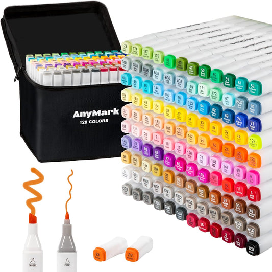 AnyMark Alcohol Markers, 120 Colors Dual Tip Art Coloring Markers Set for Kids Adult Book Drawing Sketching Painting, Chisel & Fine, White Penholder