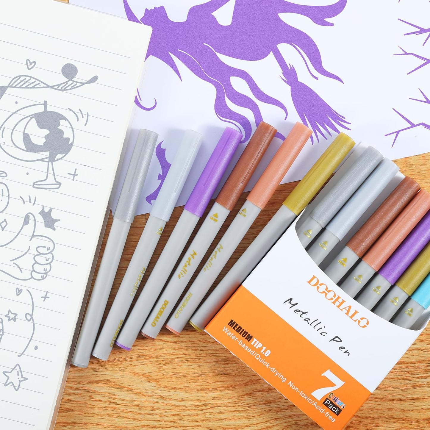 DOOHALO Gold Metallic Pen Compatible with Cricut Maker 3/Maker/Explore 3/Air 2/Air 1.0 Medium Point Metallic Tips 7 Colors Markers for drawing Writing