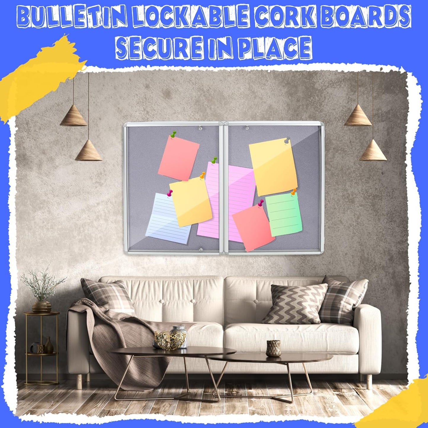 Enclosed Bulletin Board 48" x 36" Weather Resistant Lockable Notice Cork Display Board Wall Mounted 2 Locking Door for School Classroom Commercial Back to School, 12 x A4(Gray, Silver Frame)
