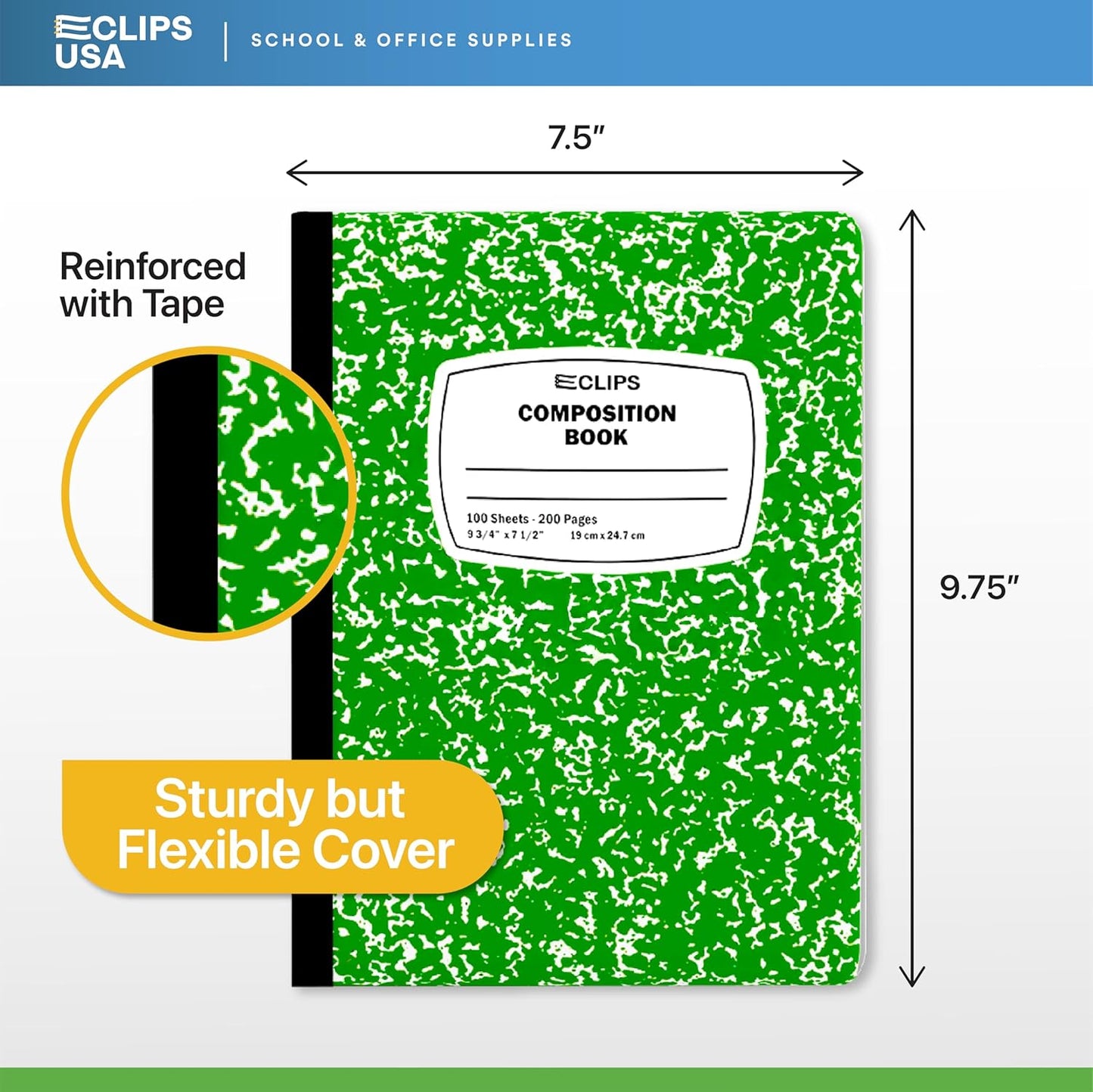 E-CLIPS USA Composition Notebooks, (6 Pack), Wide Ruled Composition Notebook, Marble Composition Notebook, 100 sheets, 200 Pages (6, Green)