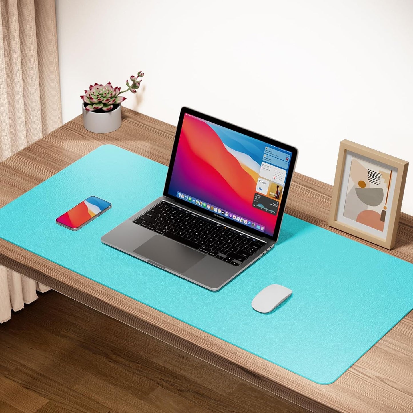 Boutilon Leather Desk Pad Protector,Non-Slip Mouse Pad,Laptop Desk Pad,Office Mouse Mat,Waterproof Leather Desk Blotter,Desk Writing Pad for Office and Home (S-Bright Blue,24"x 14")