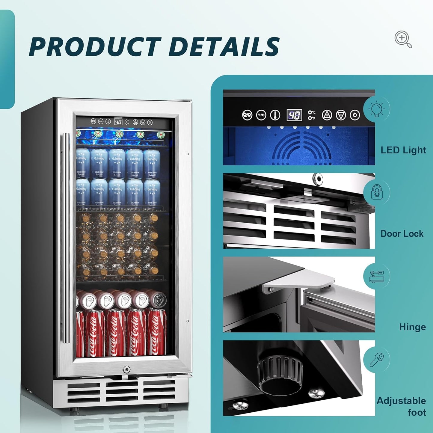 EUHOMY 15 Inch Beverage Refrigerator Cooler Under Counter 127 Cans Beverage Fridge Built-in or Freestanding with Glass Door, LED Light, Beer Fridge for Soda, Water, Wine - Home Kitchen Bar.