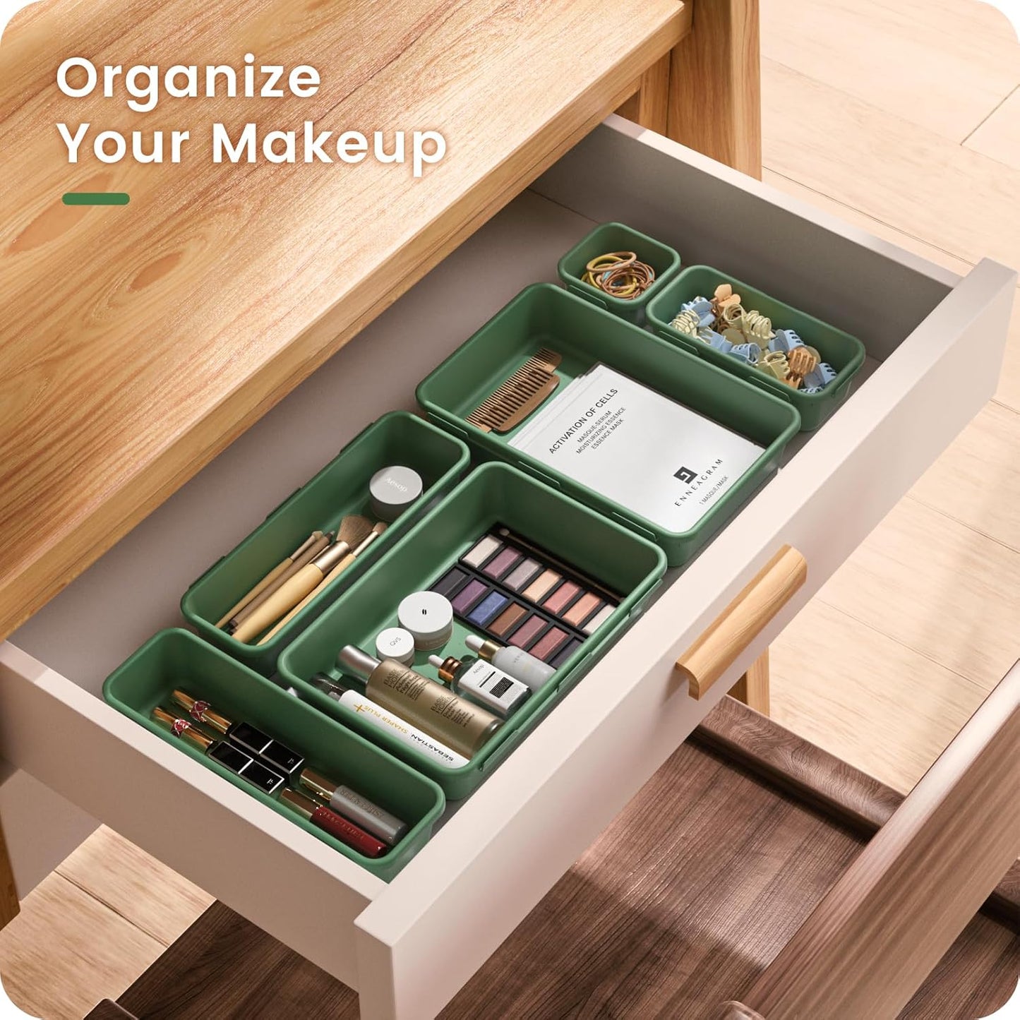 【28PCS】A-LUGEI Drawer Organizer, Bathroom Organizers and Storage, Makeup organizer, Desk drawer organizer, Storage Bins for Kitchen Office Bedroom Vanity Jewelry Pantry Garage【ArmyGreen】【4Size】