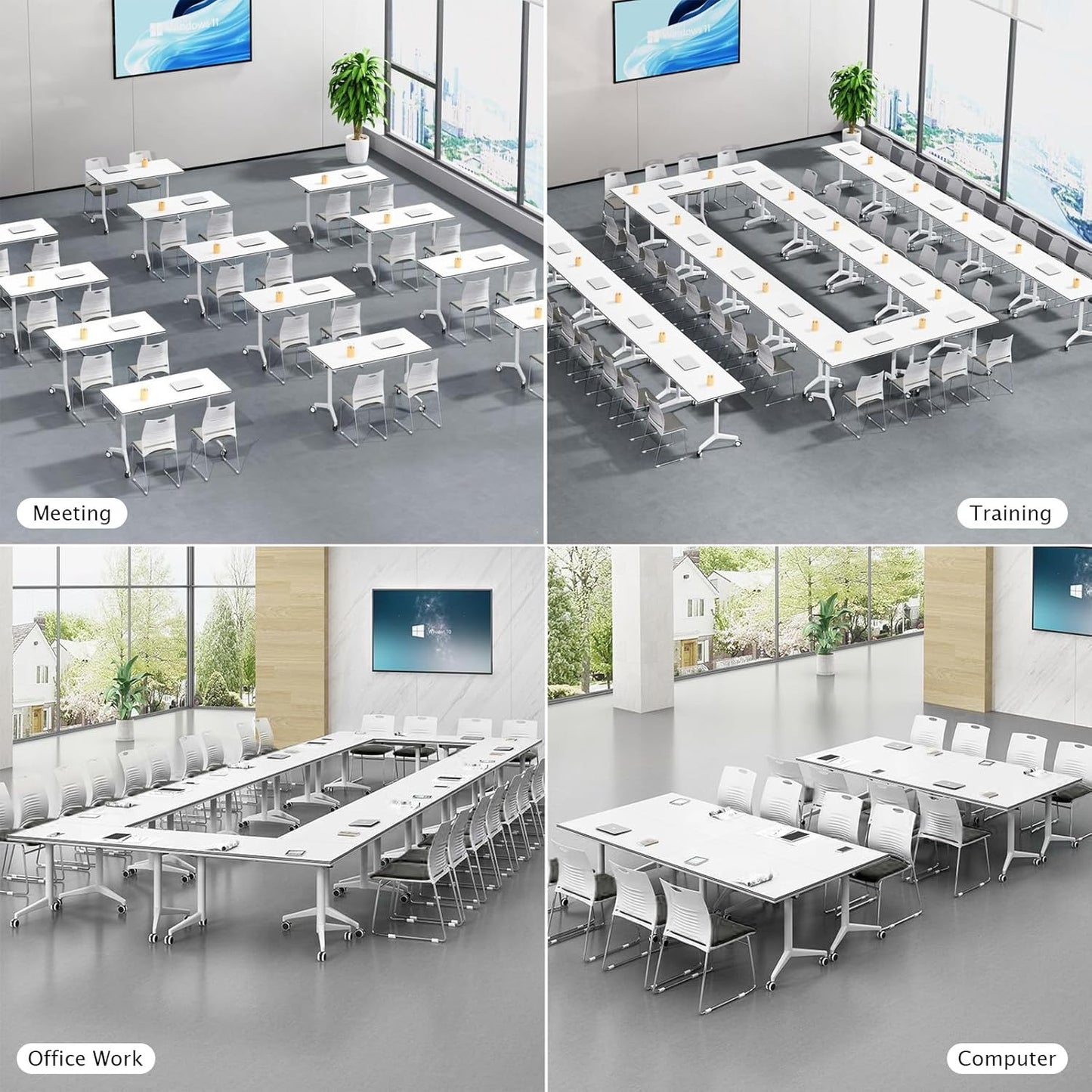 Conference Table Folding Conference Table, Modern Conference Room Table White Meeting Table Flip Top Large Mobile Training Tables, Mobile Training Seminar Tables for Office Classroom (6pack 55.1in)