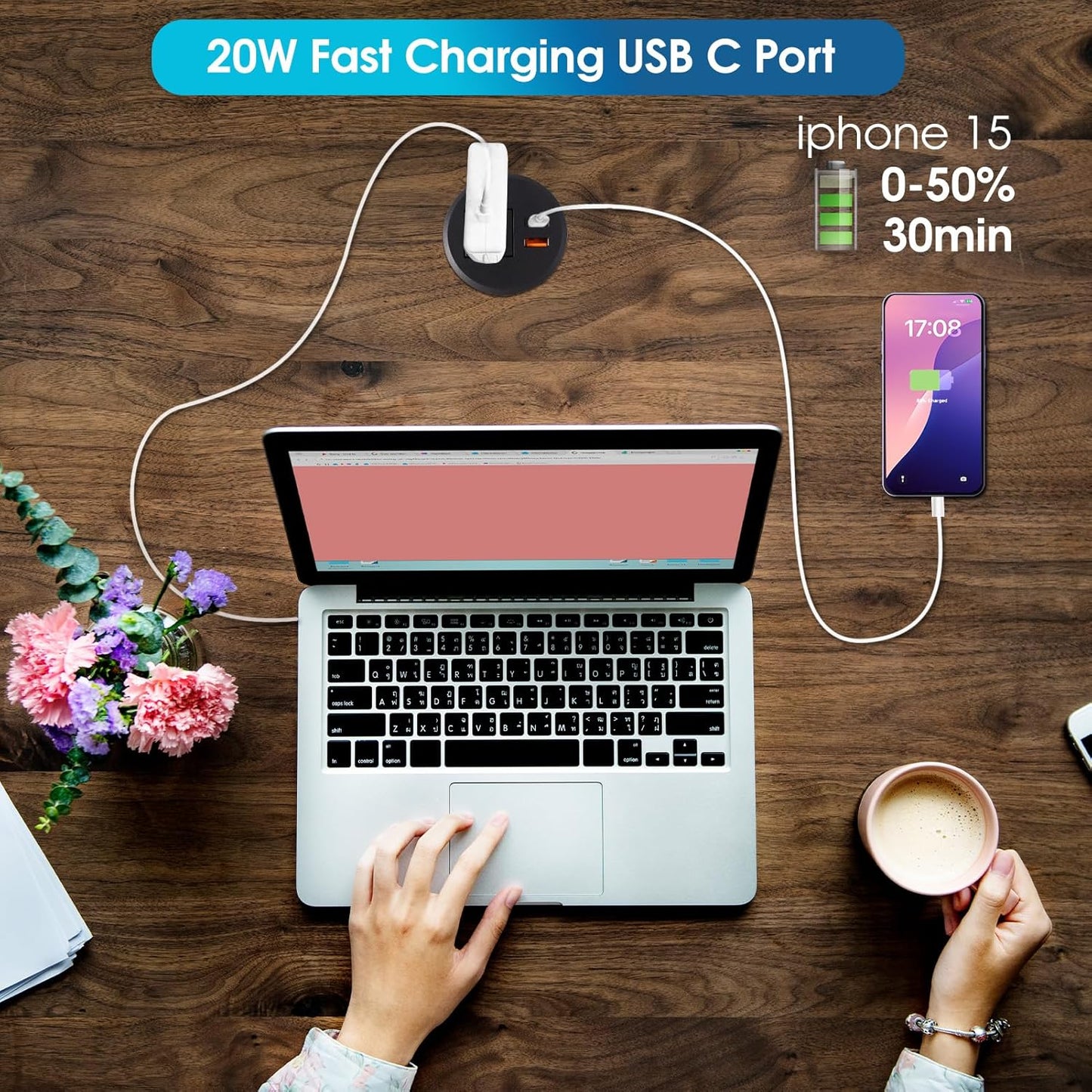Desk Power Grommet 2.5‘’ Hole, Desktop Power Grommet, USB C 20W Fast Charging Station, Recessed Power Strip for Desk, Furniture, Office Table, Work & Living Space Essential (2 Pack)