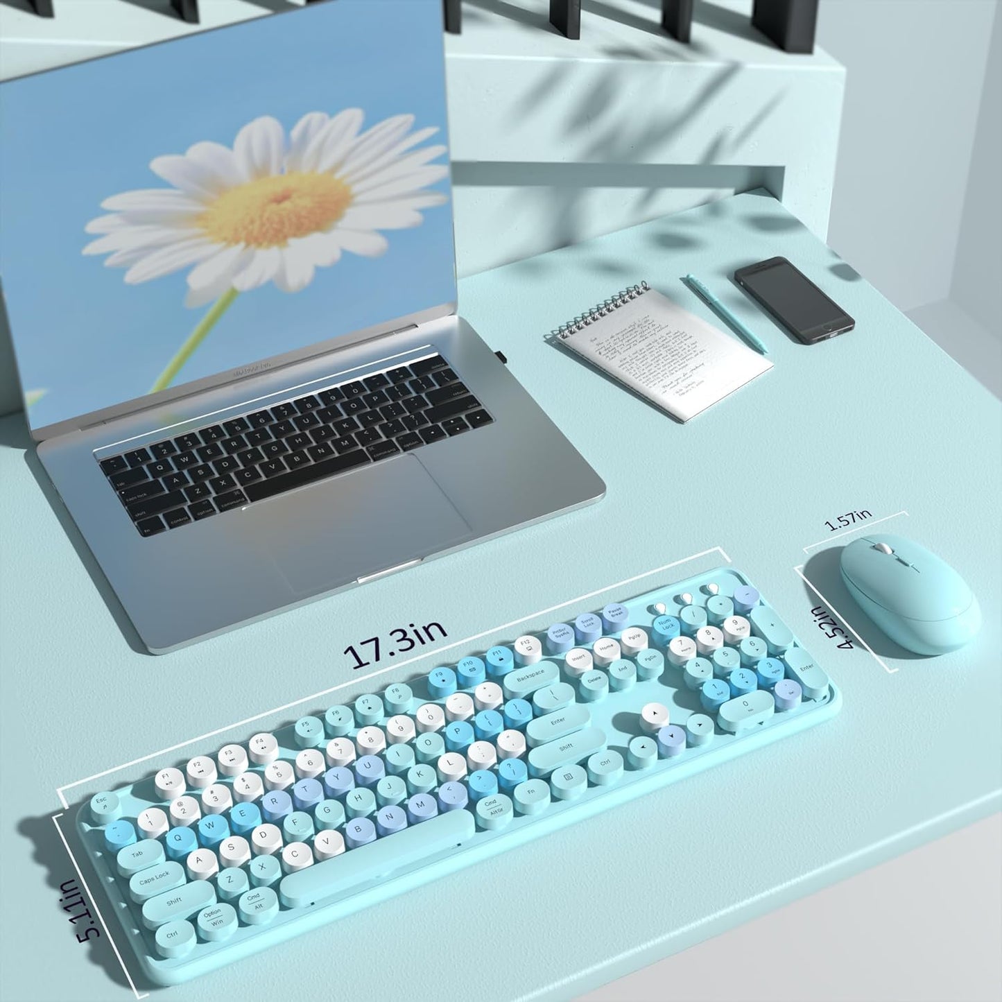 Colorful Wireless Keyboard and Mouse Combo, COVEVA 2.4GHz Wireless Retro Cute Round Keycaps Keyboard, 104 Keys Full-Sized Keyboard Mouse Set with Switch Button for PC Laptop Desktop (Blue Colorful)
