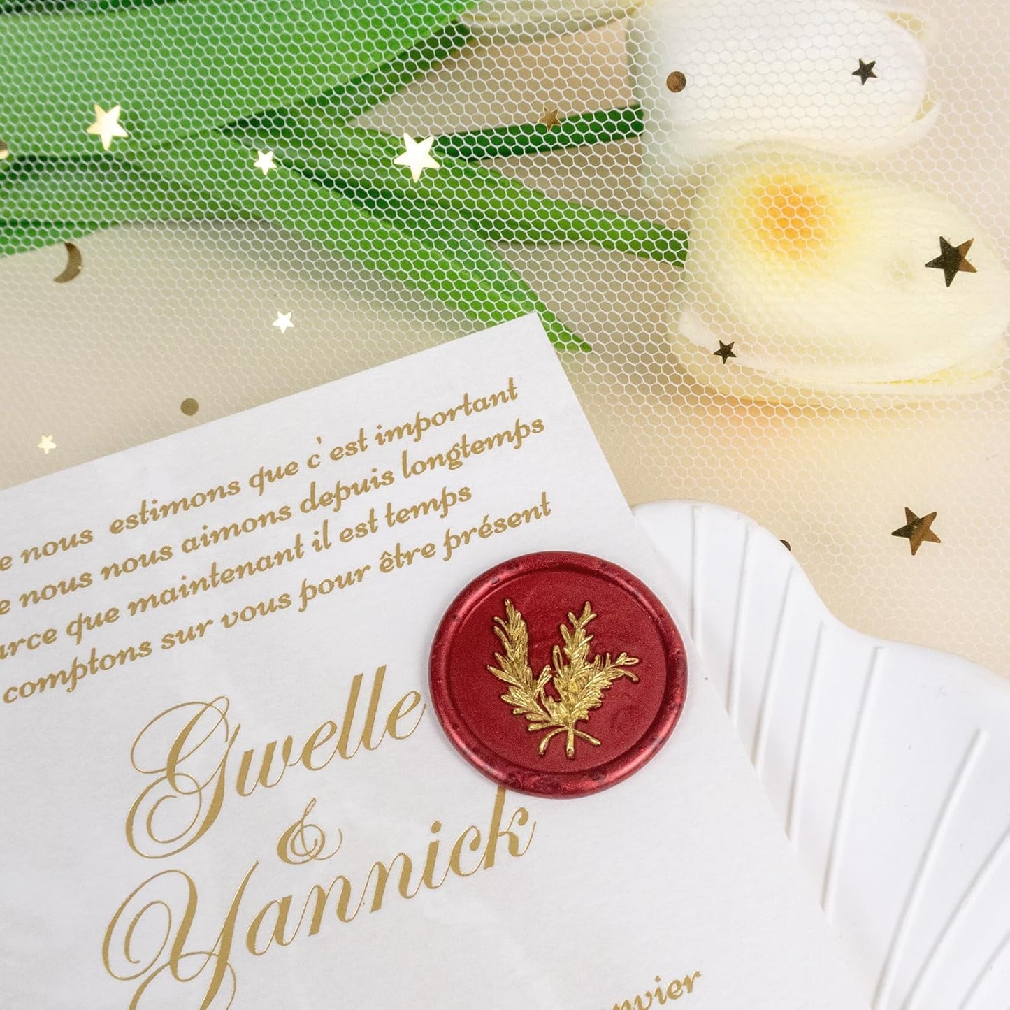 50Pcs Gold & Red Wax Seal Stickers - Handmade Envelope Seals, Self-Adhesive Wax Stickers for Wedding Party Invitations, Envelope, Gift Wrap, Christmas (Gold Rosemary Style, Red)