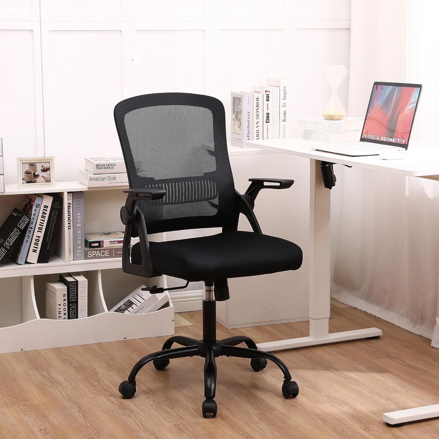 Office Chair, Ergonomic Desk Chair with Lumbar Support, Breathable Mesh Chair with Flip-up Armrests and Mid Back, Comfy Task Computer Height Adjustable Swivel Chair (2, Black)