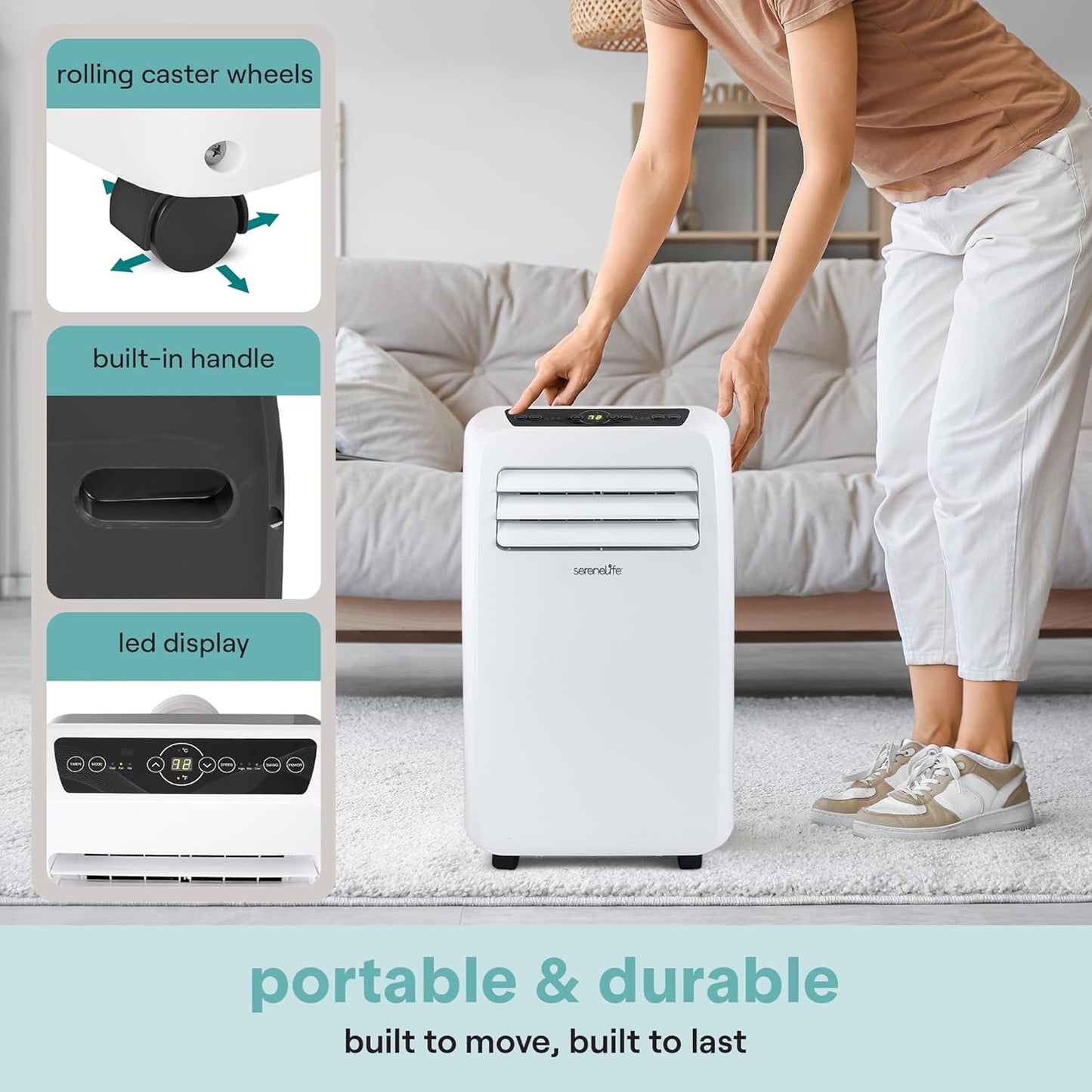 SereneLife SLPAC12.5 SLPAC 3-in-1 Portable Air Conditioner with Built-in Dehumidifier Function,Fan Mode, Remote Control, Complete Window Mount Exhaust Kit, 12,000 BTU, White