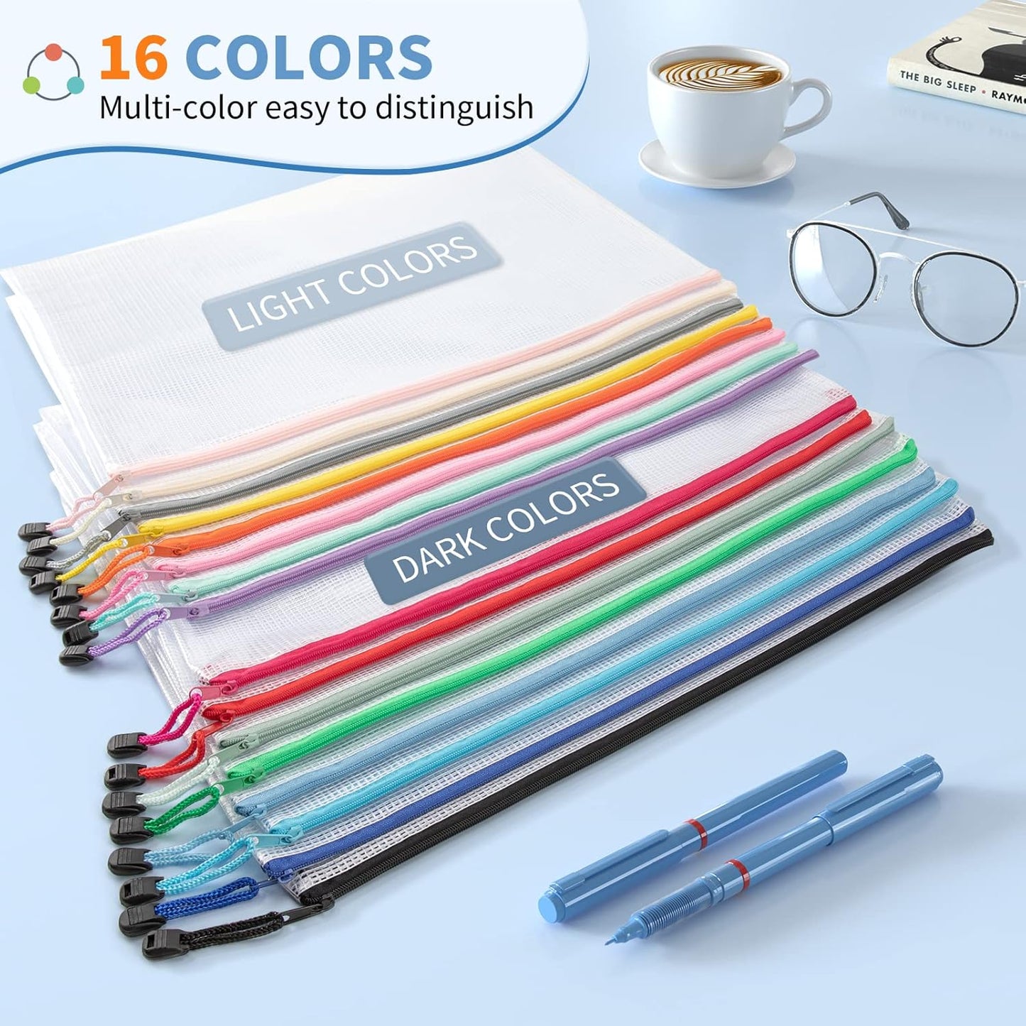 Umriox 16 Pack Large Zipper Bags 16.9x12.4 in, A3 16 Colors Mesh Zipper Document Pouch for Organizing, Storage Bags with Zipper for Board Game, Puzzles, Sewing Project, Travel Supplies
