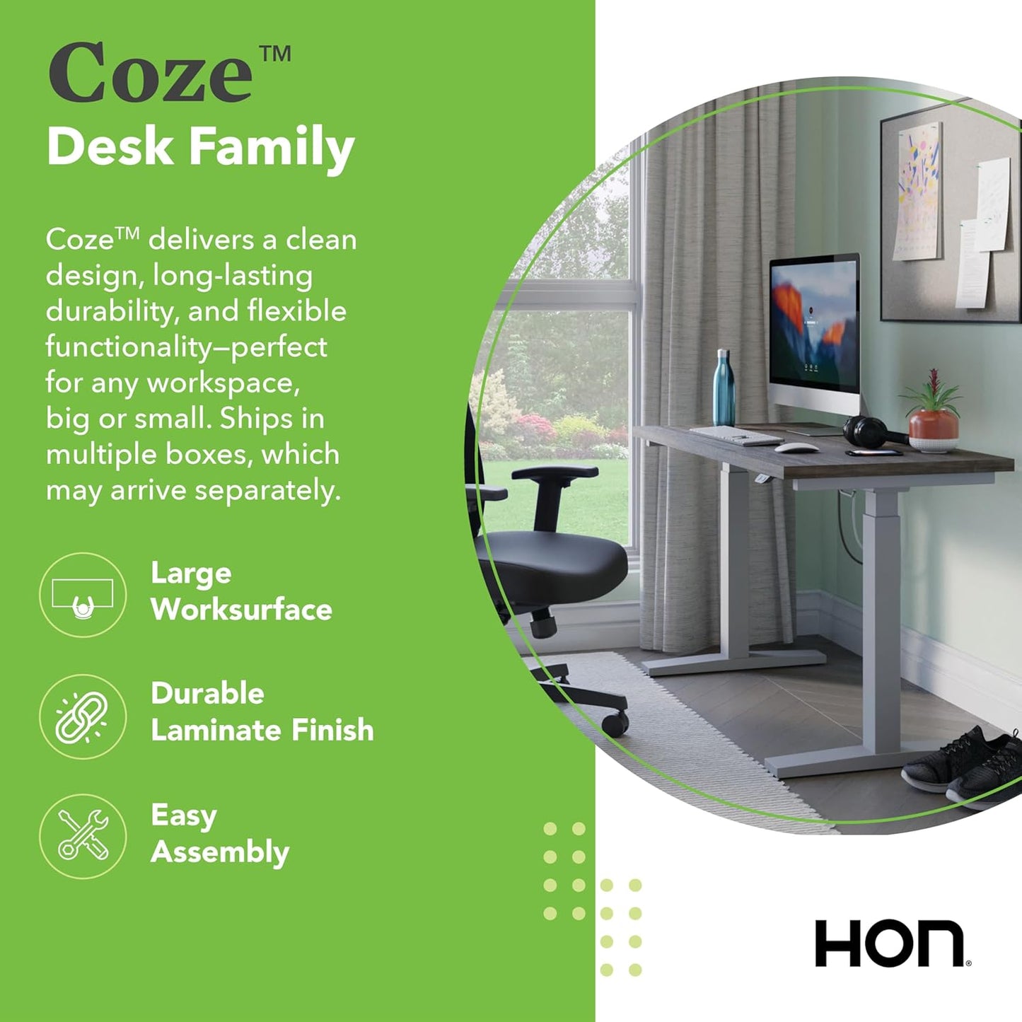 HON Coze Electric Standing Desk Adjustable Height, Coordinate Height Adjustable Desk, 48", Walnut Top, White Base