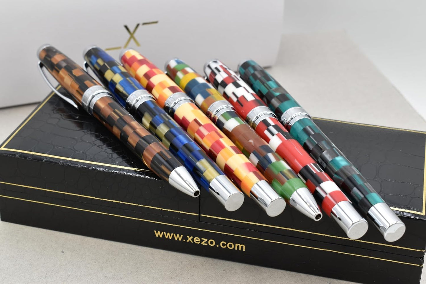 Xezo Urbanite Ballpoint Pen, Medium Point. Retro Blue, Black, and Cream Checkered Acrylic on Brass and Aluminium. Chrome Plated. Limited Edition and Serialized. No Two Alike