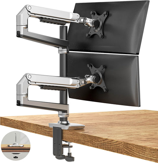 Dual Monitor Mount, Holds Screens up to 40 Inches and 25 lbs, Fully Adjustable Dual Monitor Arm with C-Clamp and Grommet Base, Aluminum, Silver