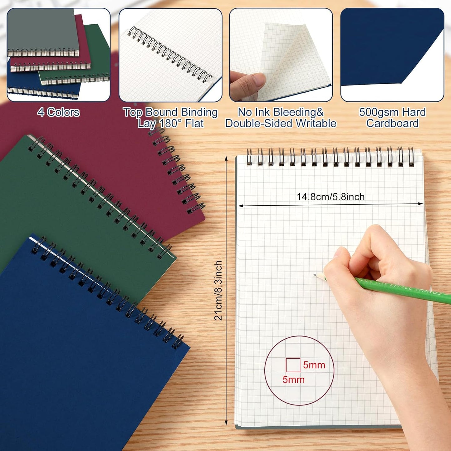4 Pack Graph Paper Spiral Notepad A5 Top Wirebound Notepad Grid Notebook Steno Pads Memo Notebook Grid Paper 140 Pages for Writing Sketching Drawing Office Supplies (Multicolor)
